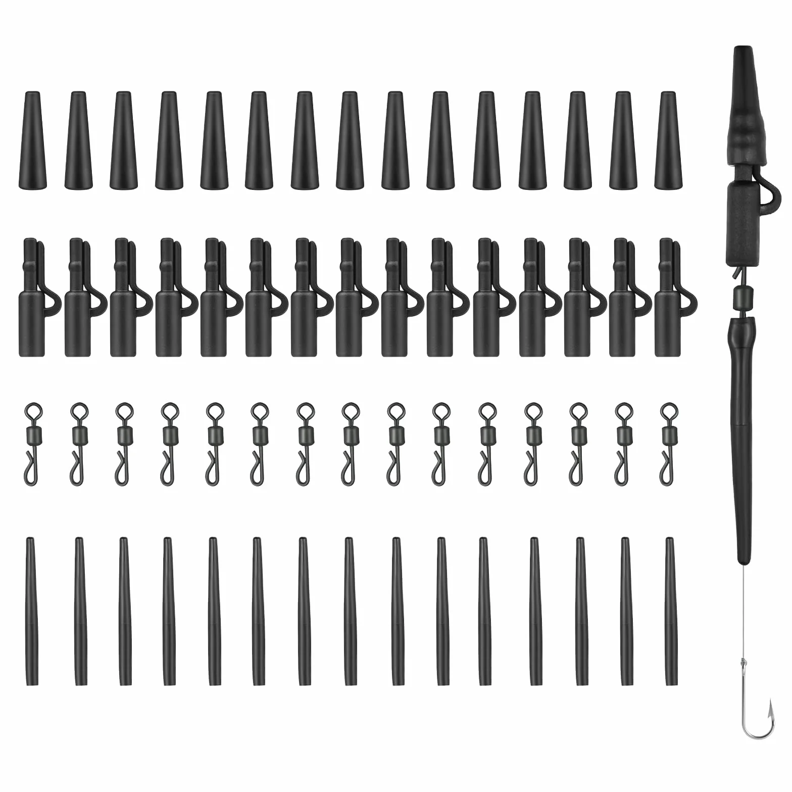 Realure 60 Pcs Clip Plomb Carpe, Anti-enchevêtrement avec Manchons Caoutchouc et émerillons Rapide (Noir)