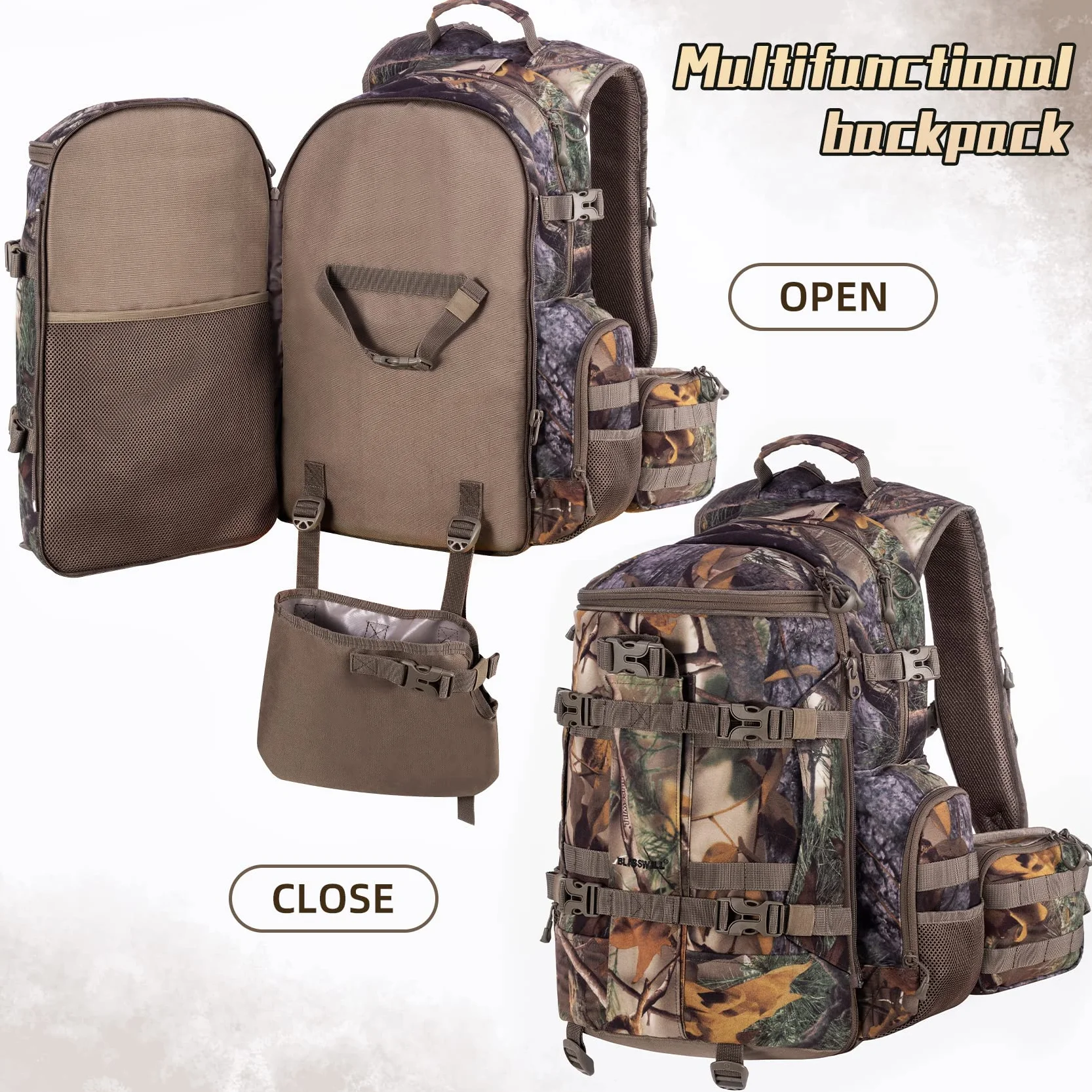 BLISSWILL Grand sac à dos de chasse 40 l imperméable avec housse de pluie