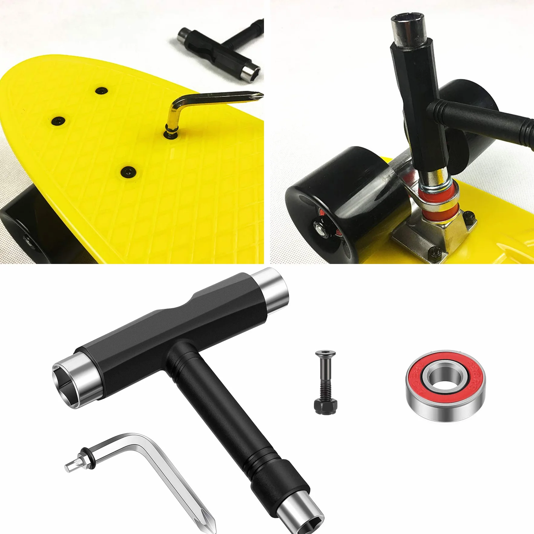 Outils de skateboard tout-en-un, 8 roulements RS608, clé Allen T, tournevis cruciforme, 10 écrous et boulons