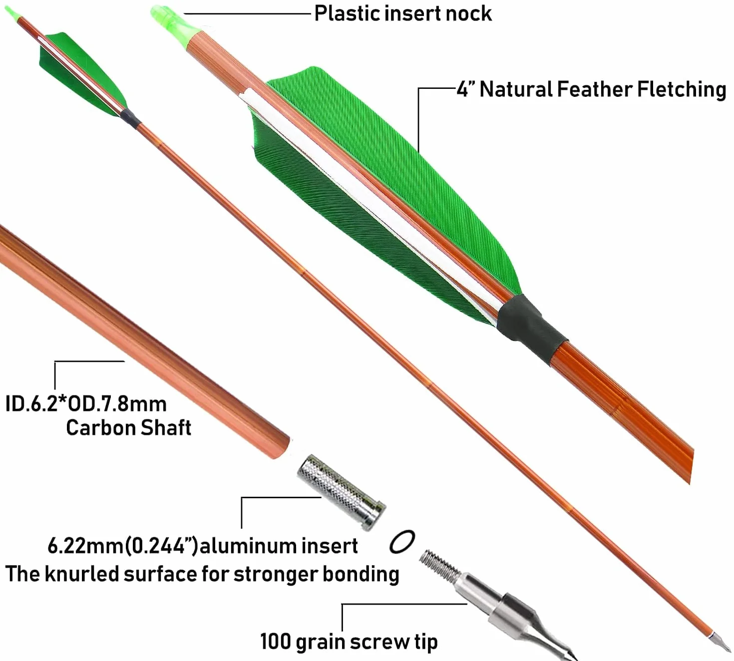 SHARROW 32" Flèche de Carbone Spine 500 Flèche Chasse avec Plumes Naturelles Tir à l'Arc