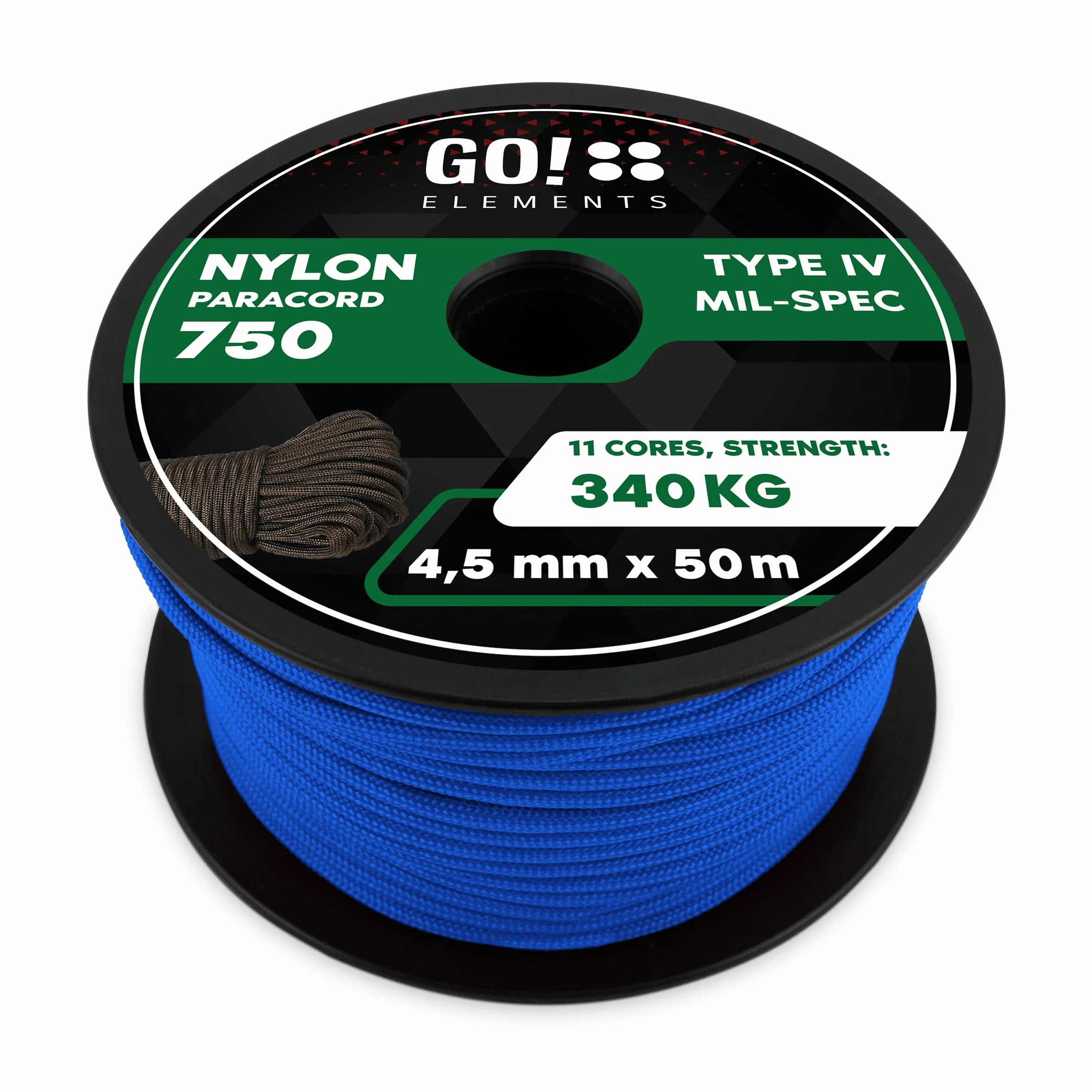 GO!elements Paracord 750 Type IV Corde en Nylon ø 4,5 mm 11 brins 340 KG Survie Camping