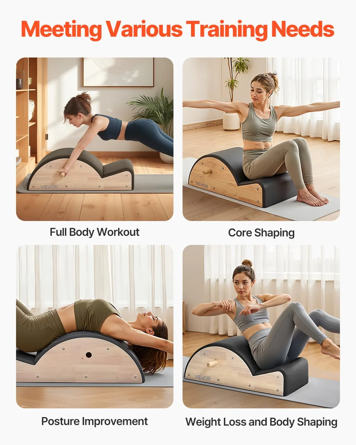 VEVOR Correcteur de Colonne Vertébrale Pilates, Arc Pilates en Bois d'Hévéa, Accessoire Yoga, Exercices Équilibre Étirement Renforcement Tronc