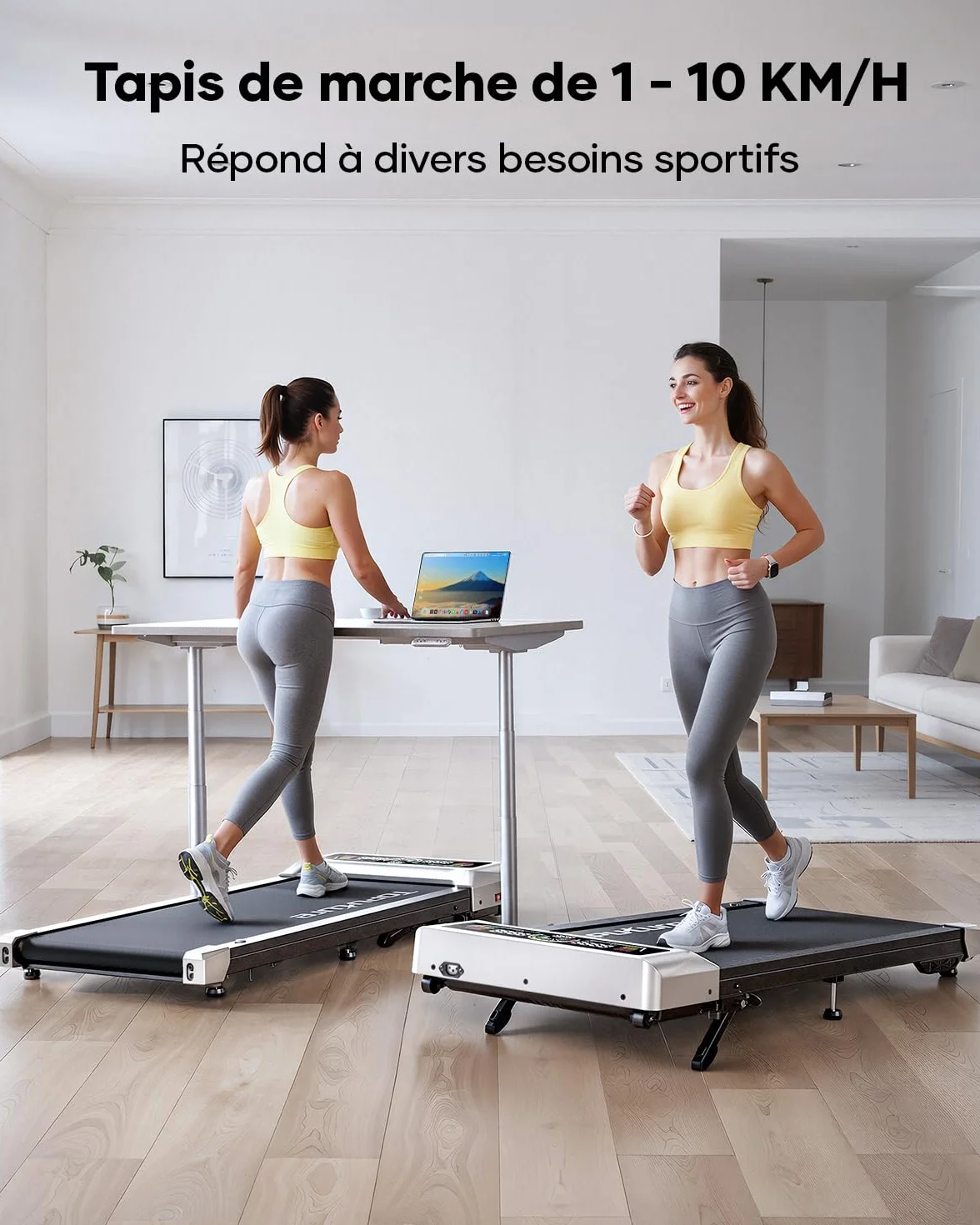 Tapis de Course électrique 2 en 1, 3.0 HP, Pente 0-5-10%, Vitesse 1-10 km/h, Compact sous Bureau