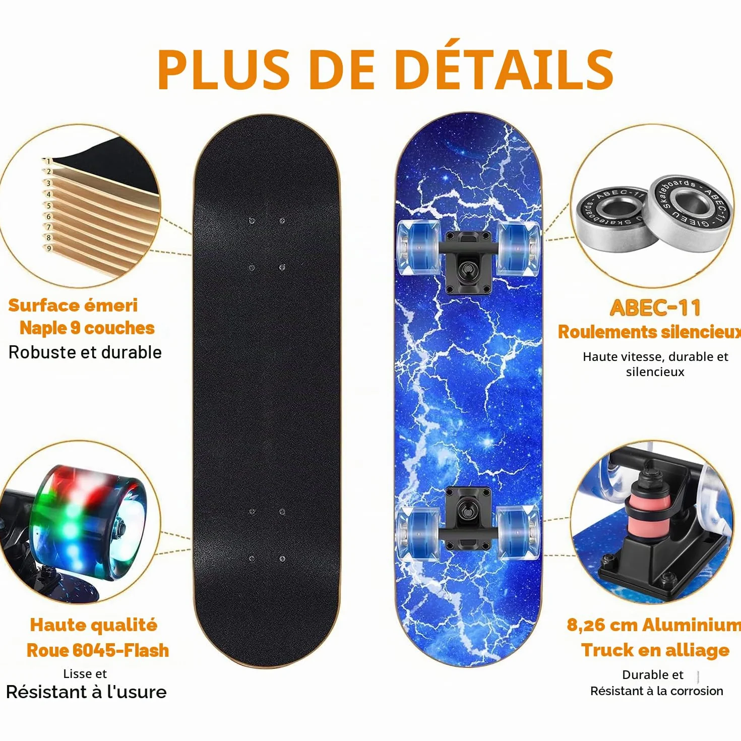Planche à roulettes standard 9 couches érable canadien concave avec roues clignotantes colorées