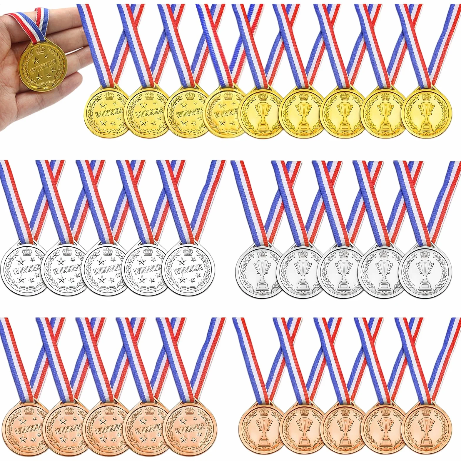 Lot de 30 Médailles Enfant avec Ruban Rouge Blanc Bleu 4,2x3,7cm pour Sport École Anniversaire