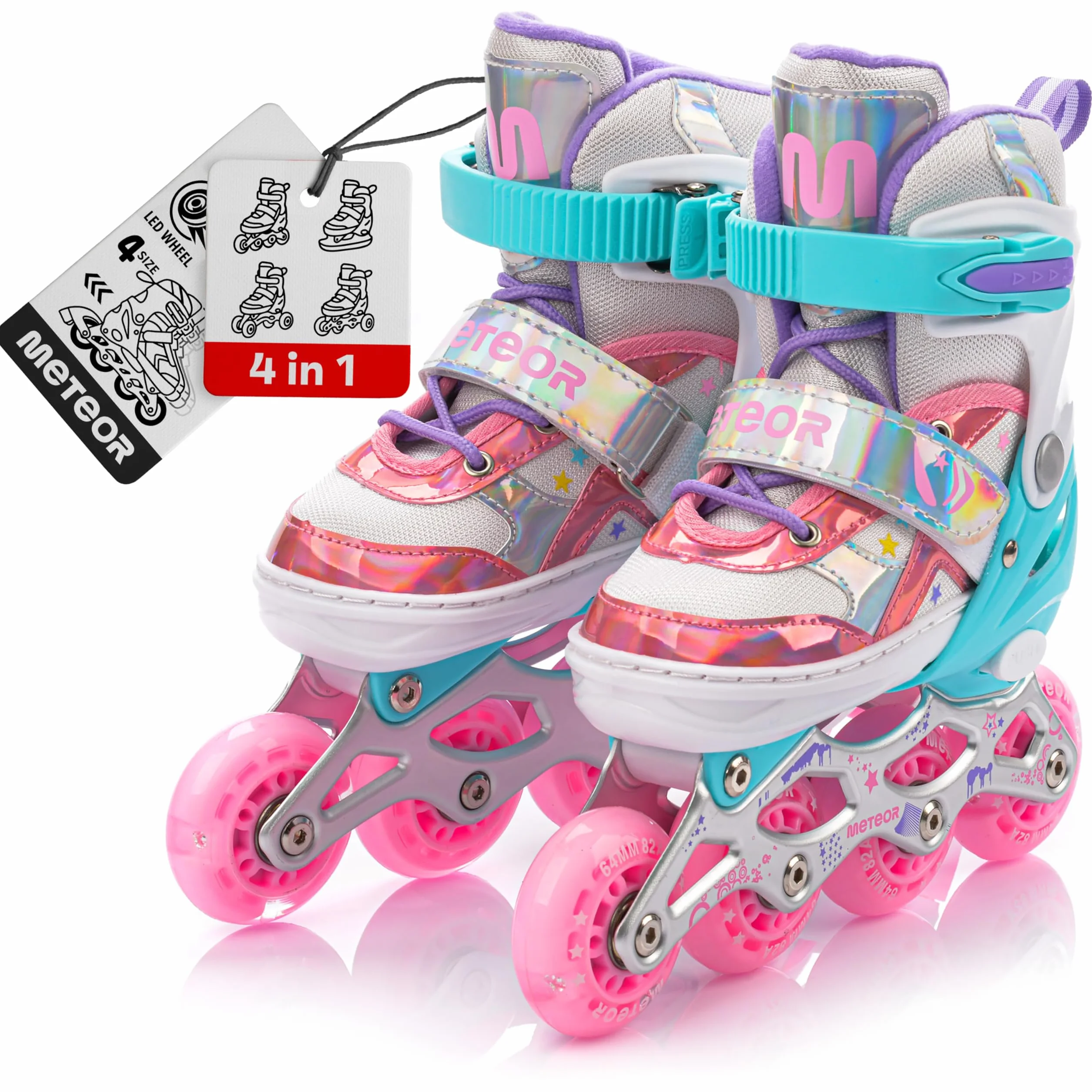 Patins à roulettes Enfants 4 en 1 réglables 25-37 Rollers quads Glace Coque Haute Stable Roues PU ABEC-7 Meteor