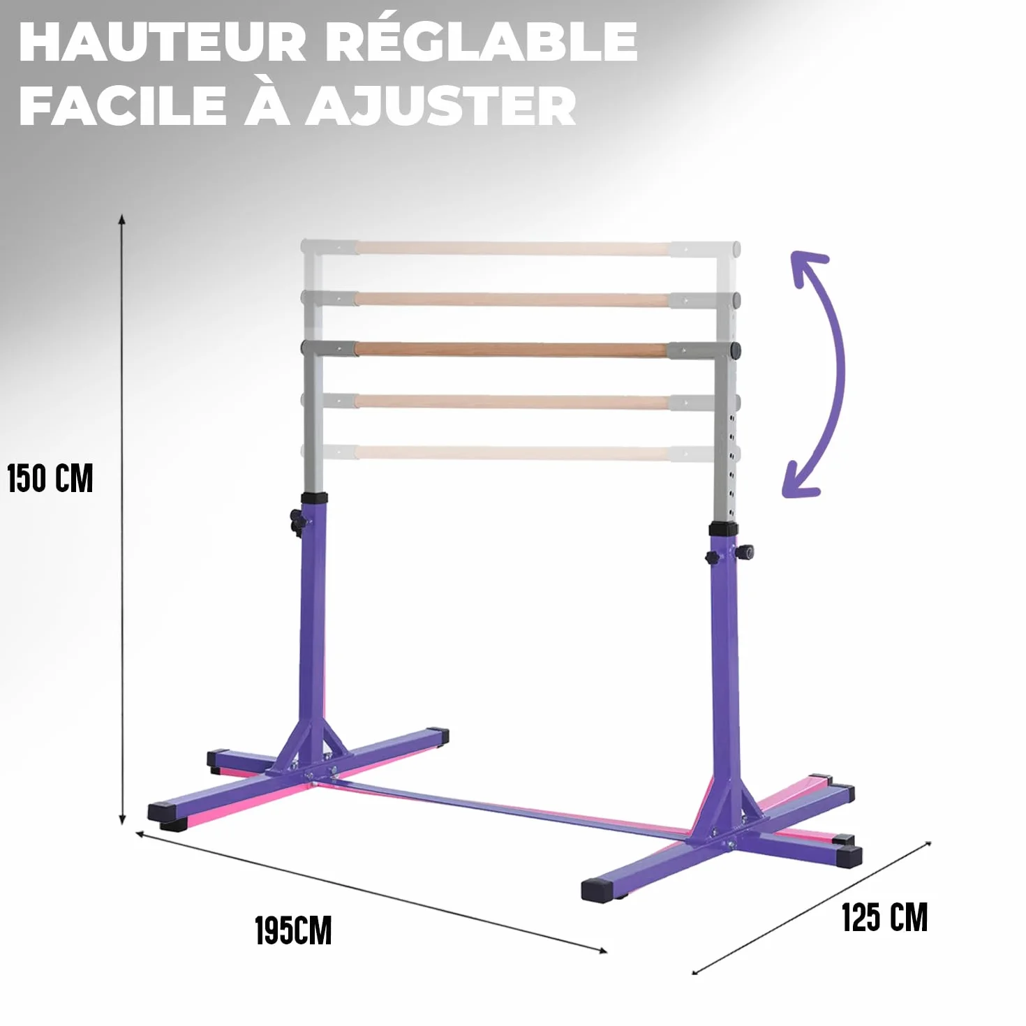 Barre Gymnastique Enfant Violette Gym Bar® 90-150 cm Acier Bois Hêtre Antidérapante Fitness Intérieur Extérieur