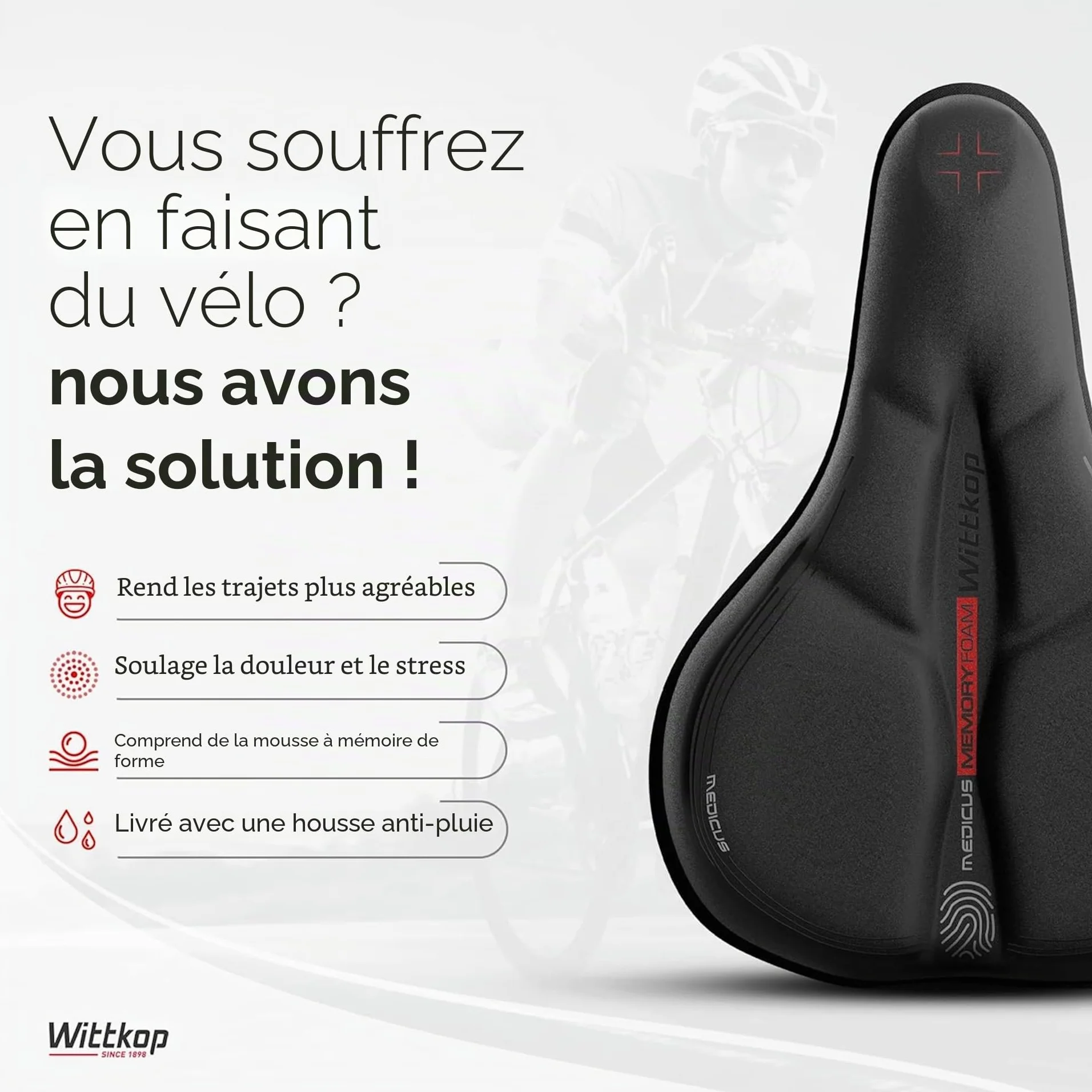 WITTKOP Coussin de Selle de Vélo en Mousse à Mémoire de Forme Ergonomique à 3 Zones