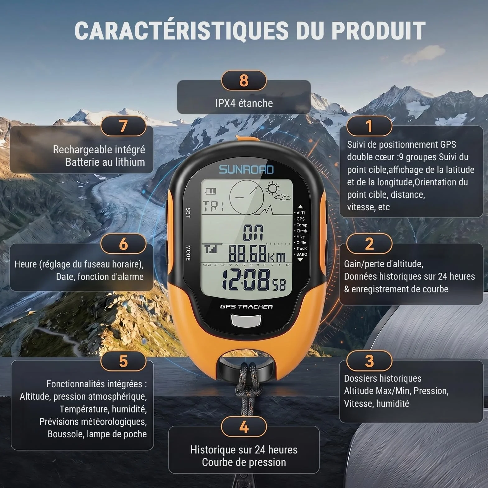 Altimètre Baromètre GPS Haute Précision IPX4 avec Boussole Thermomètre Hygromètre