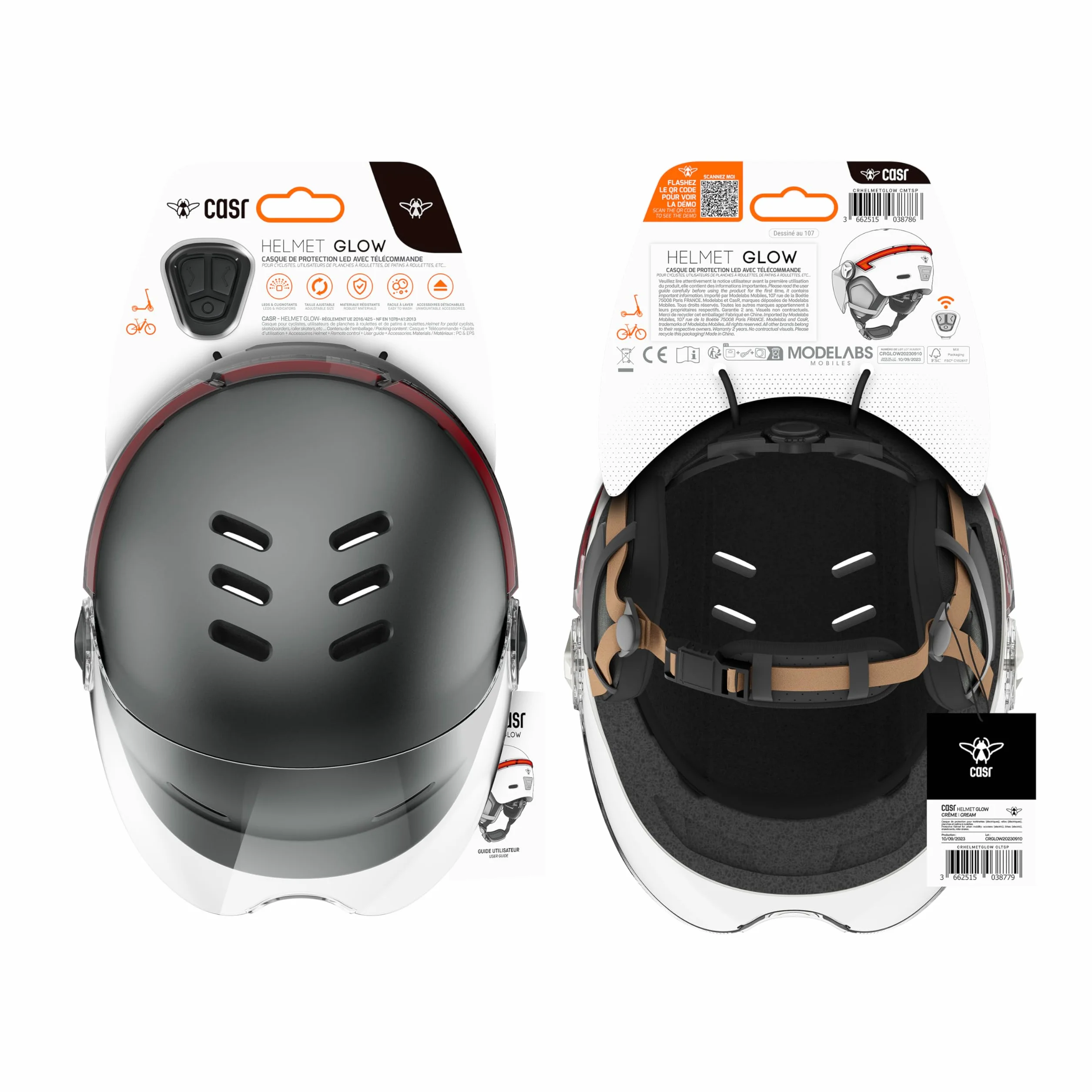 CASR Glow Casque LED Vélo Trottinette Visière XL Cache-Oreilles Amovibles Clignotants Télécommande Gris Taille L