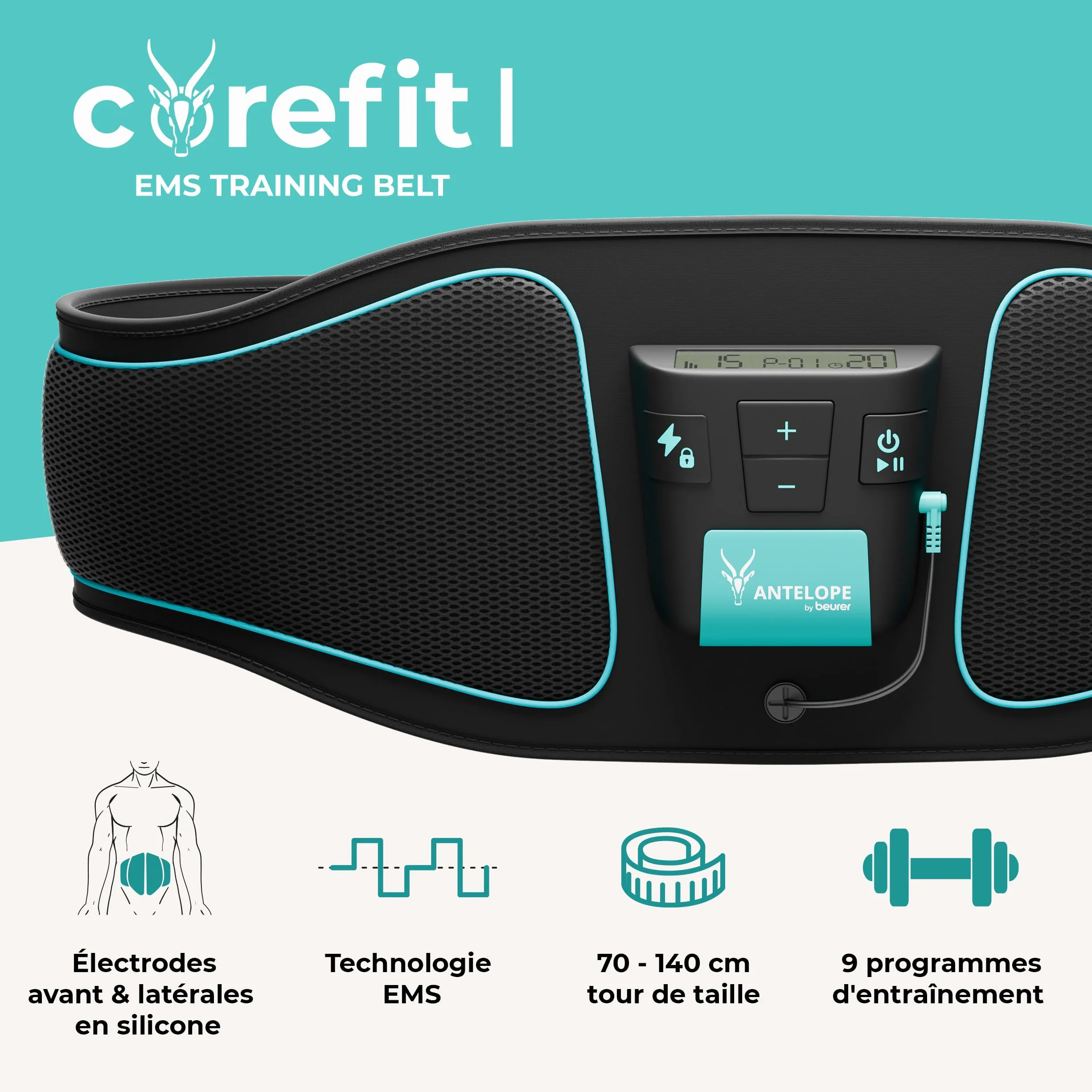 Beurer Corefit I Ceinture d'entraînement EMS, stimulation musculaire abdominale, 9 programmes, 4 électrodes