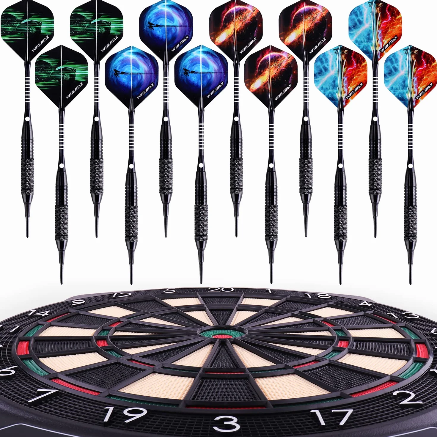 WIN.MAX Flechette Pointe Plastique 12 Fléchettes 24 Ailettes 100 Pointes Set pour Cible Electronique