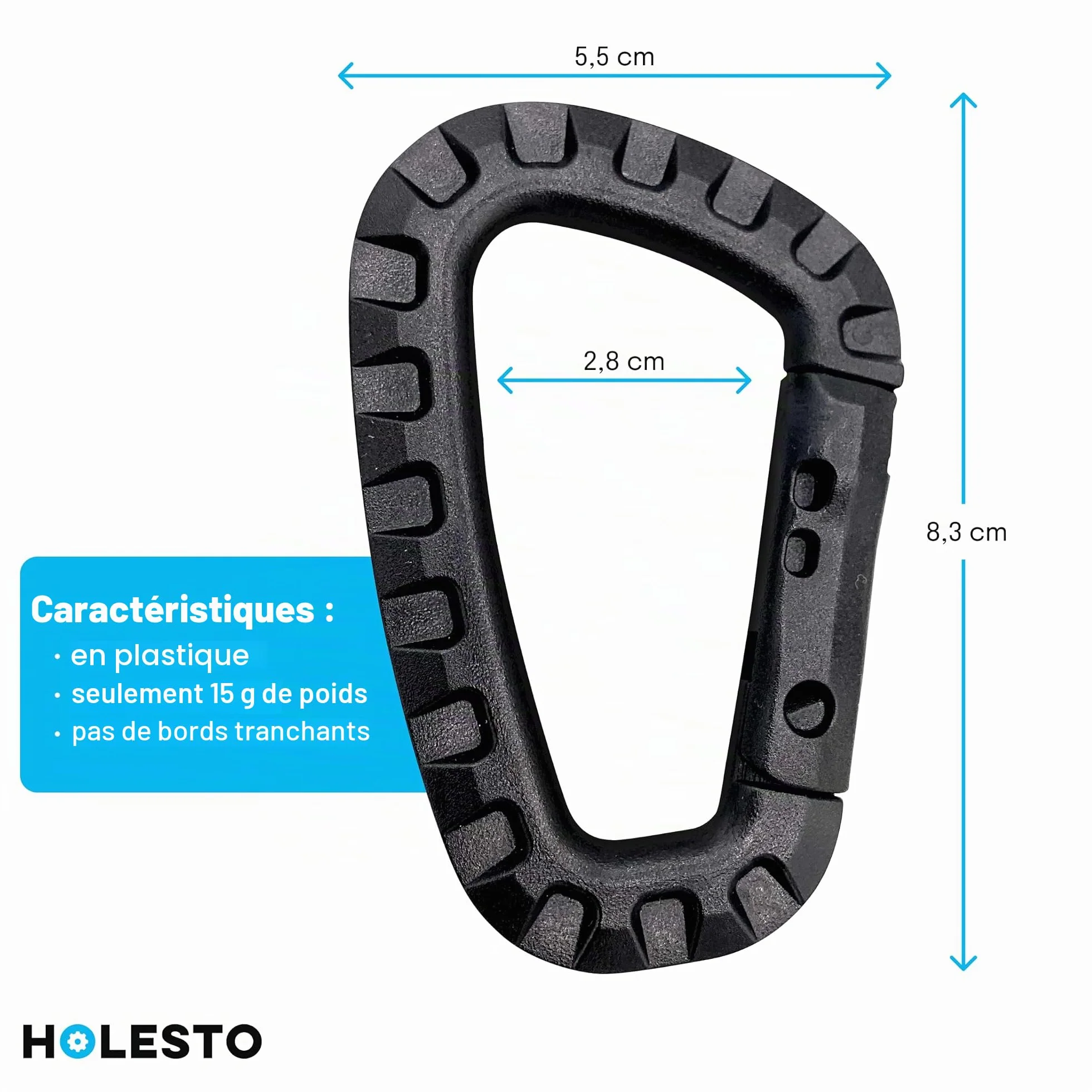 Mousquetons en Plastique Lot de 5 – Mousqueton Tactique Militaire Noir avec Fermeture à Ressort – Carabiner en Forme de D pour Sac à Dos, Camping
