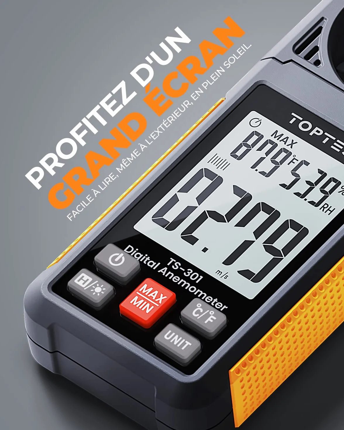 TopTes TS-301 Anémomètre numérique avec écran LCD 2,26 pouces, Débitmètre d'air pour HVAC