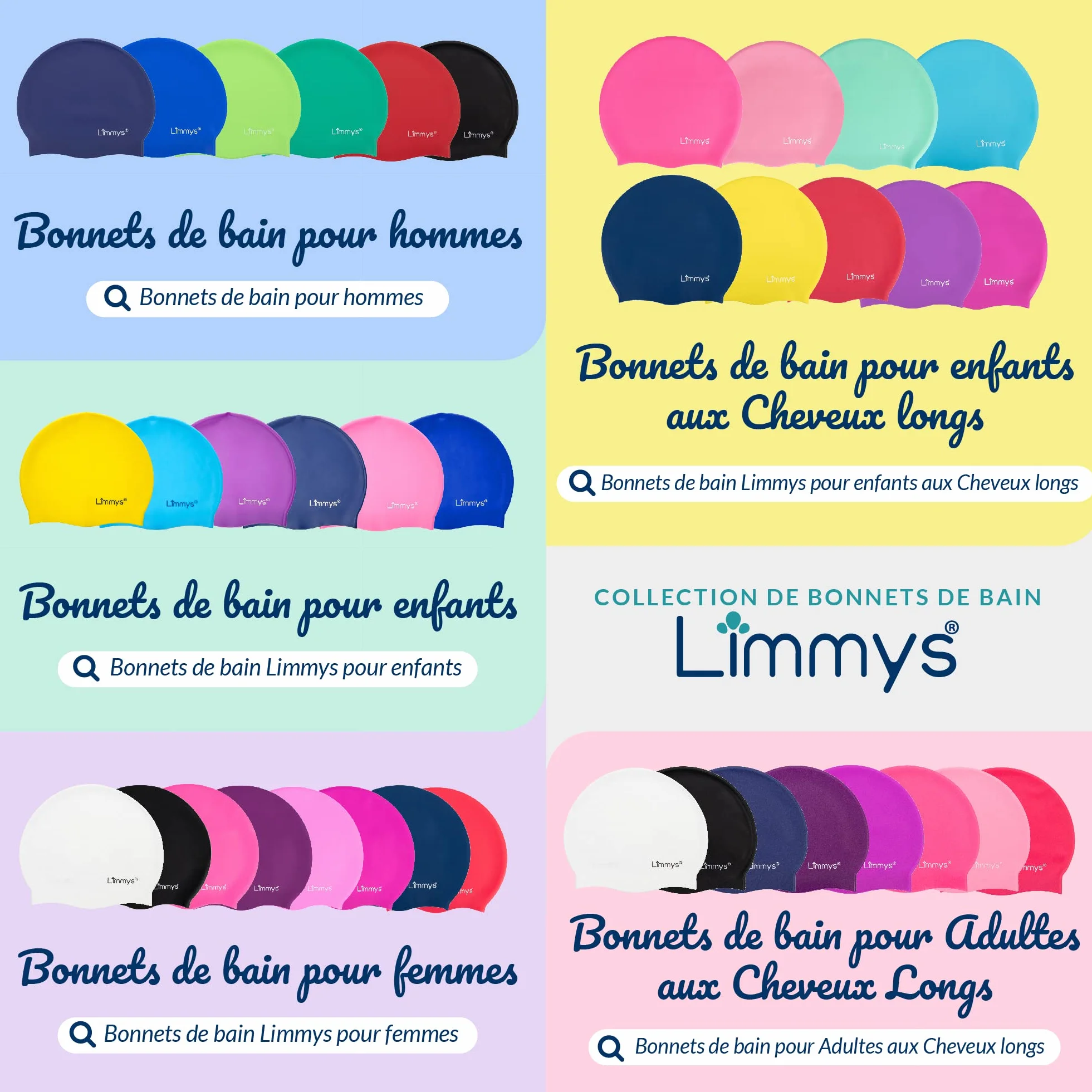 Limmys Bonnet de bain cheveux longs silicone extensible sans latex antidérapant