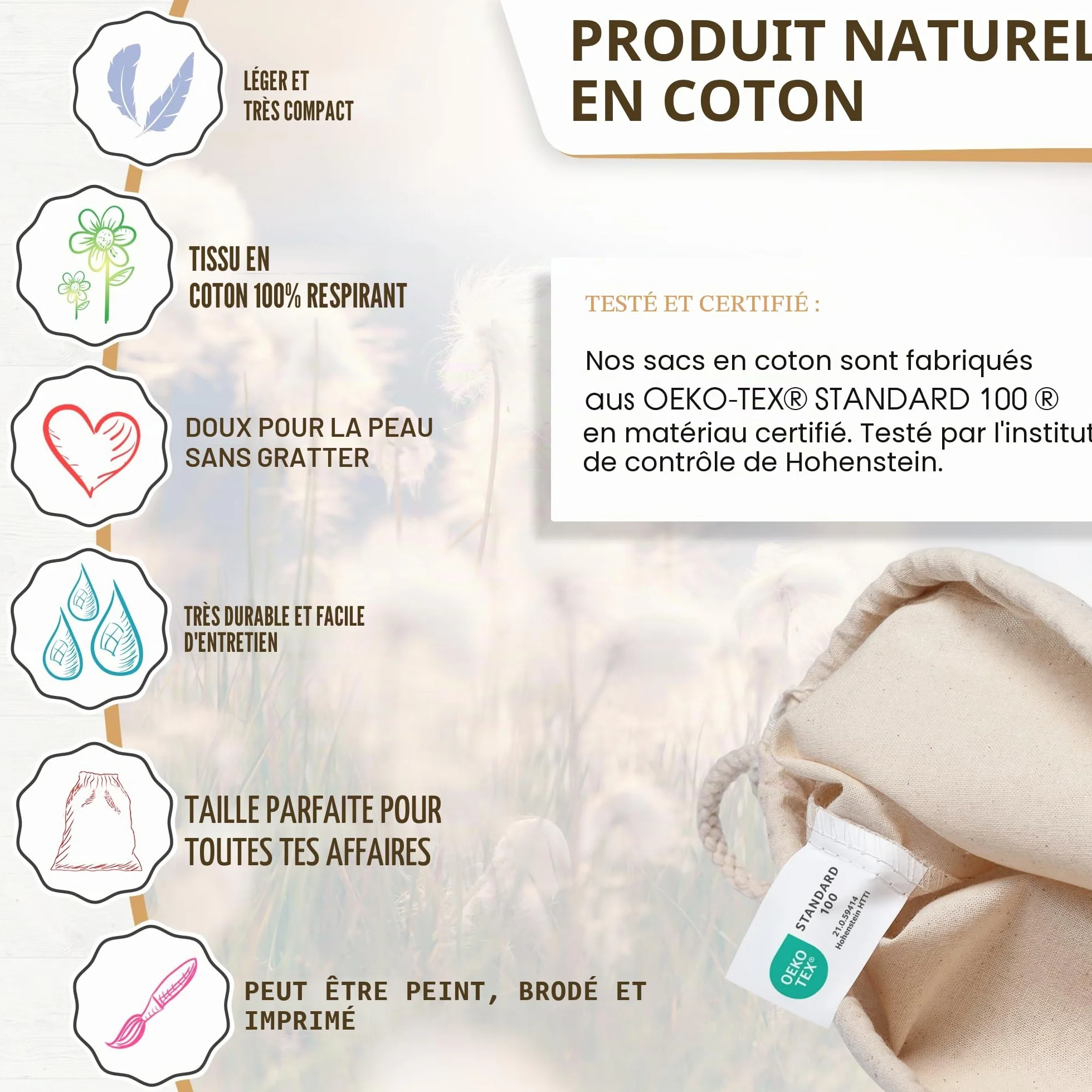 Sacs de Gym en Coton Naturel ELES VIDA, Sac de Sport Sac à Dos en Tissu Toile Jute Oeko-Tex