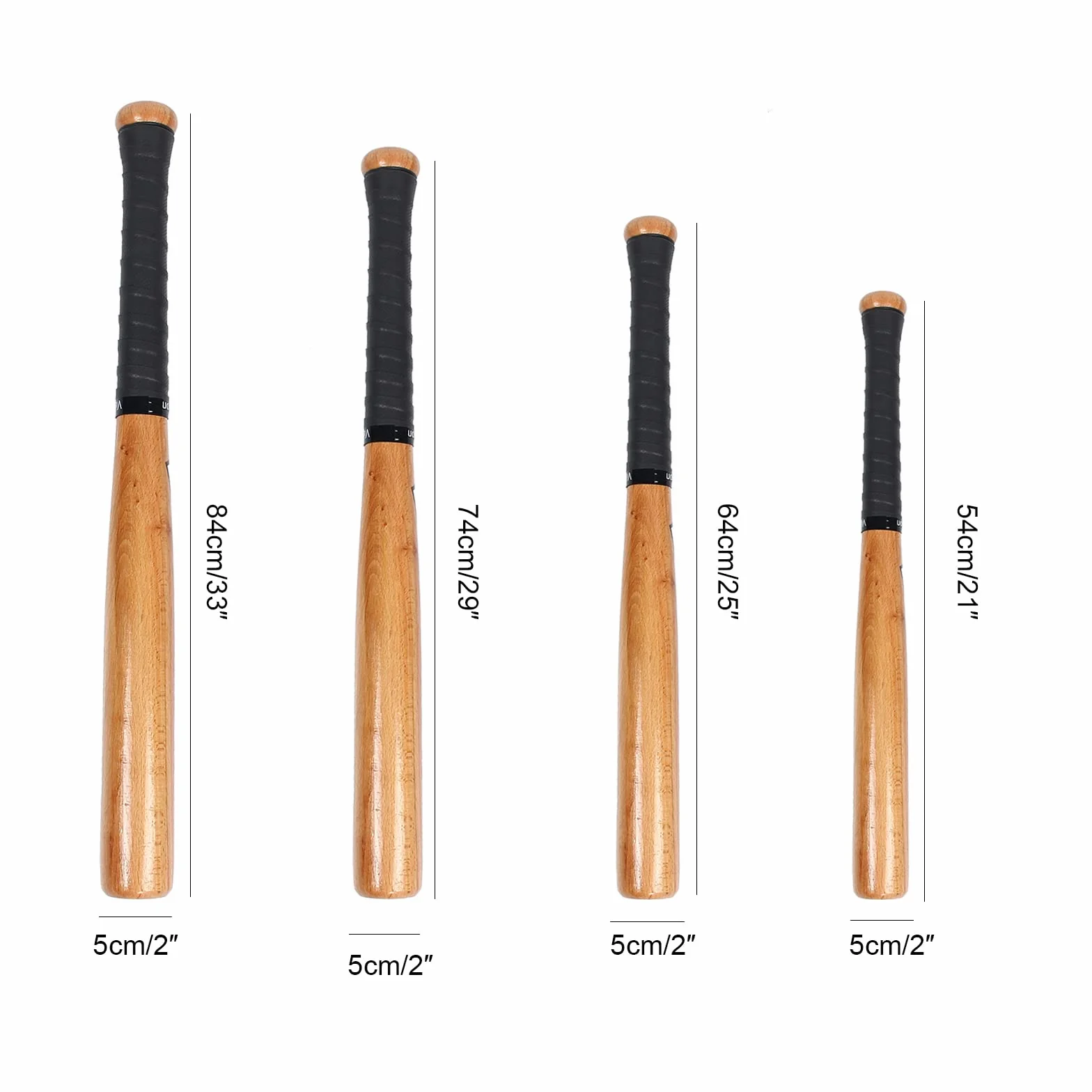 Batte de Baseball en Bois Chêne avec Bande Antidépante 54cm 64cm 74cm 84cm