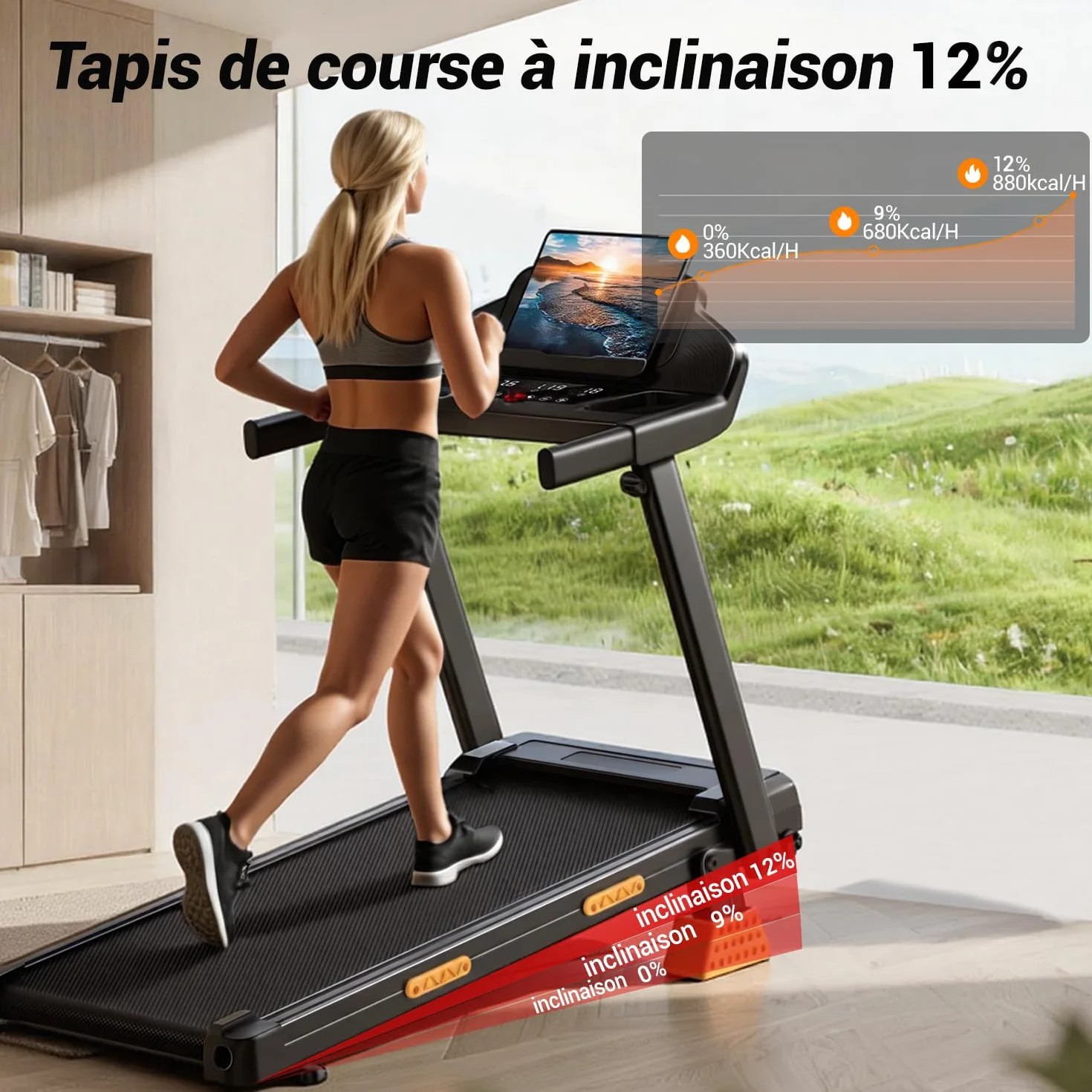 Tapis de Course Pliable UMAY 3.0HP 2200W avec Moniteur de Fréquence Cardiaque