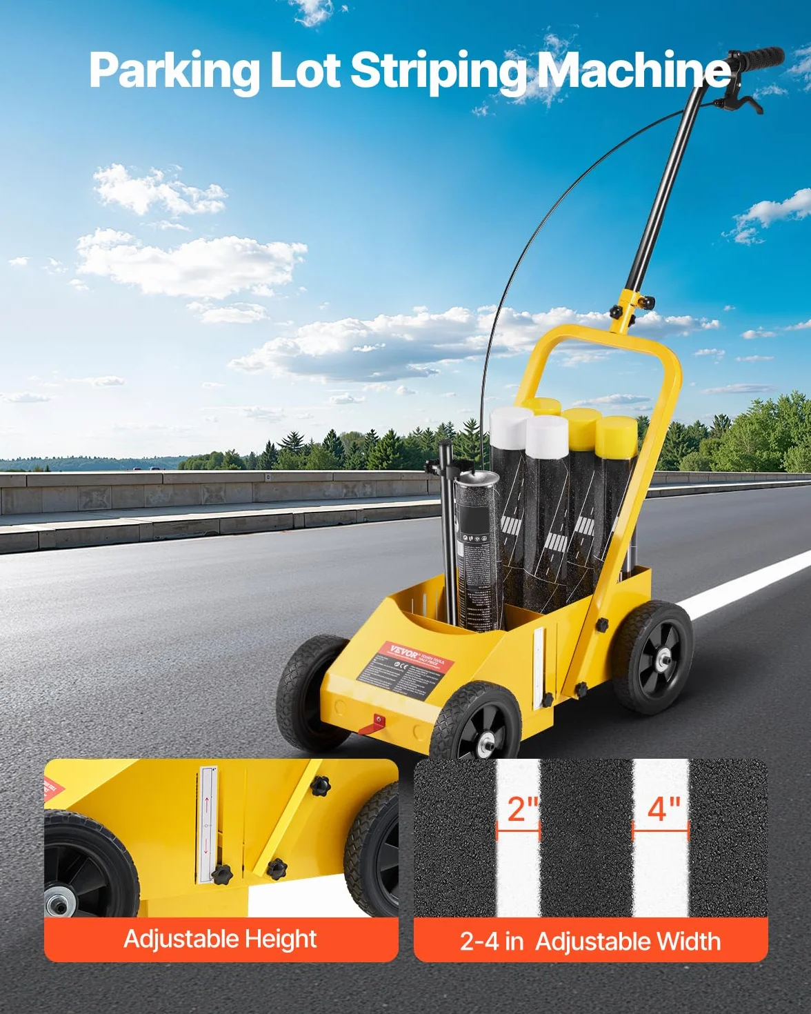 VEVOR Traceuse de Lignes 61 x 33 x 90 cm, Machine de Marquage Routier 4 Roues, Largeur Réglable 5,6-10,2 cm, Jaune