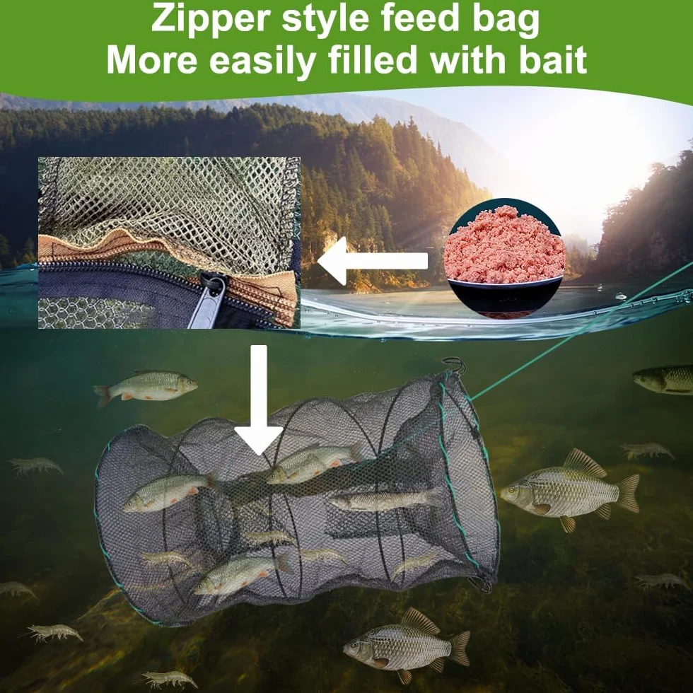Piège à Poisson Pliable 3 PCS Nasse à Écrevisses en Nylon 30x60cm avec Fermeture éclair Portable Casier à Crabes