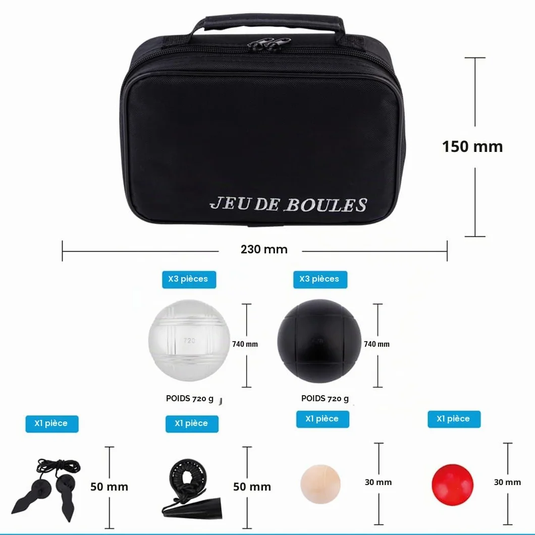 Engelhart Boules de Pétanque 74 mm 720 g 6 Boules Métal Noires et Chromées avec Sac Nylon Cochonnet