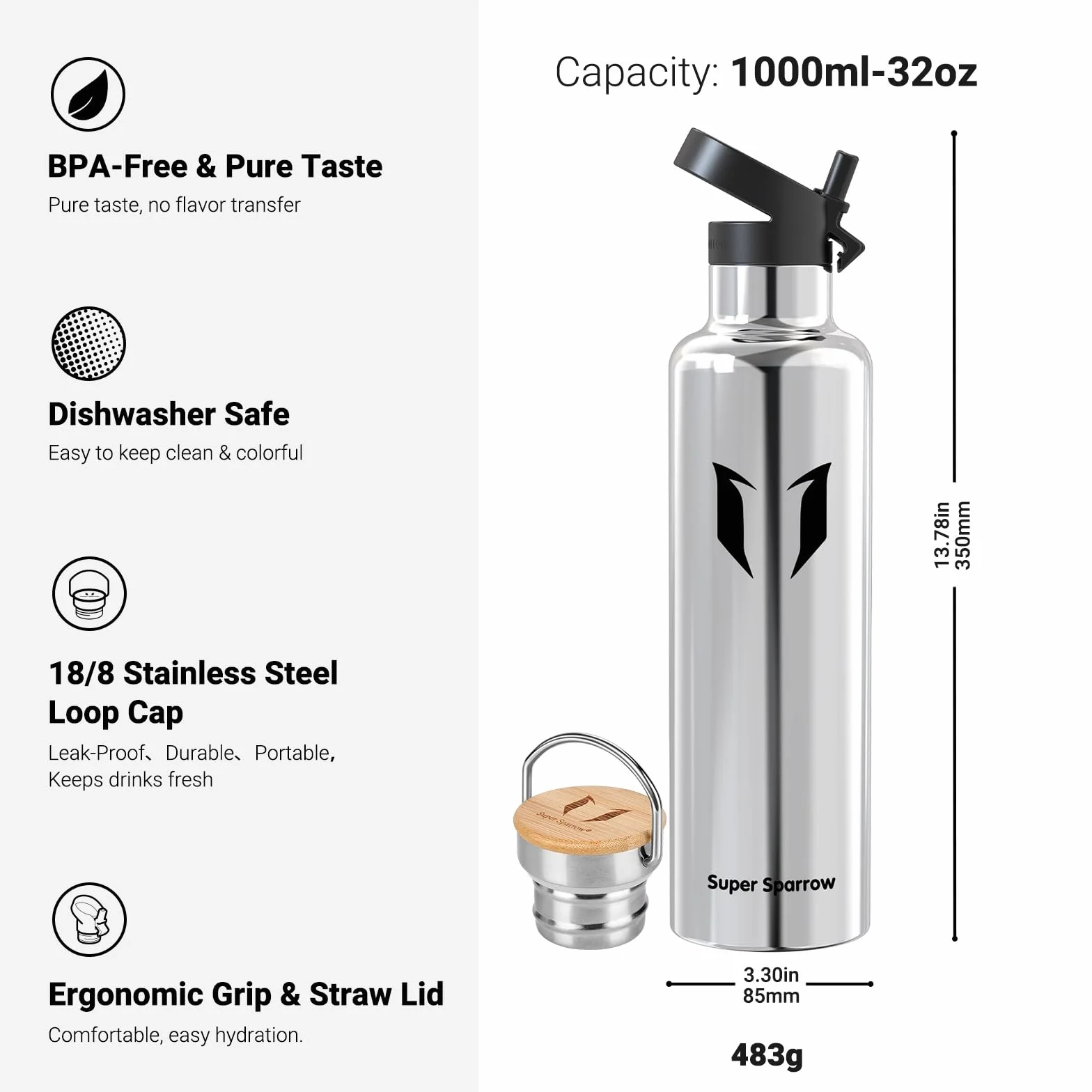 Gourde Isotherme INOX 500ml 750ml 1L Étanche Sport sans BPA avec 2 Bouchons
