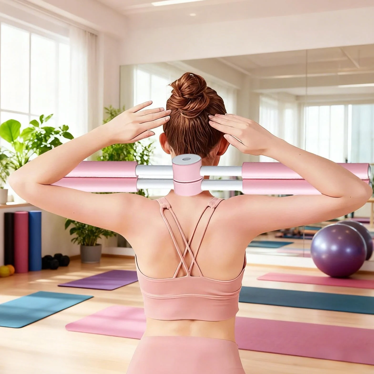 Correcteur de posture bâton de yoga en acier inoxydable mousse ABS – Barre d'entraînement anti-rondeur dos cou pour femmes