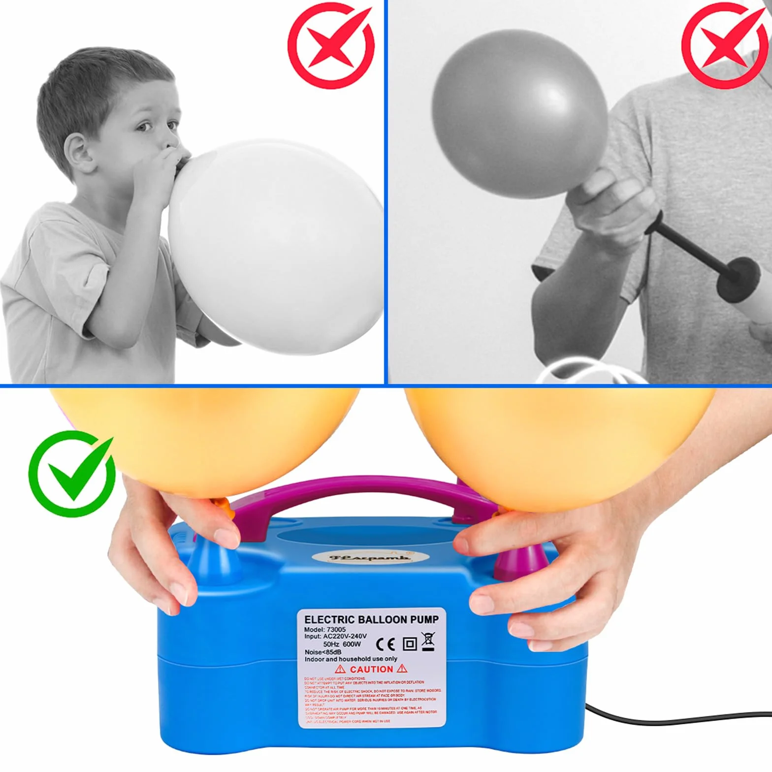Pompe à Ballons électrique 600W, Gonfleur Ballon Portable avec Plusieurs Buses, 2 Modes