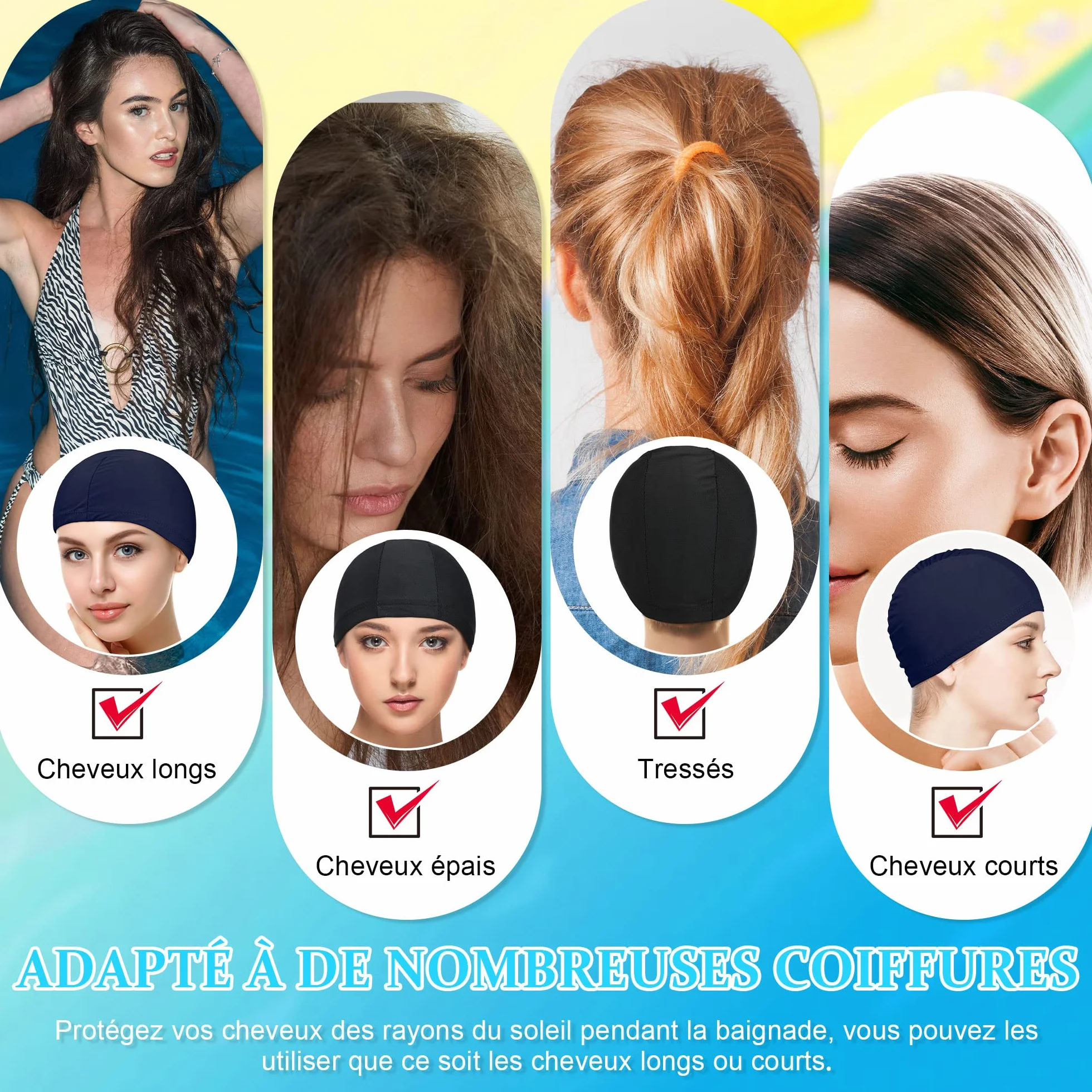 Bonnets de Bain Élastiques en Tissu Confortable pour Natation Femmes Hommes Enfants