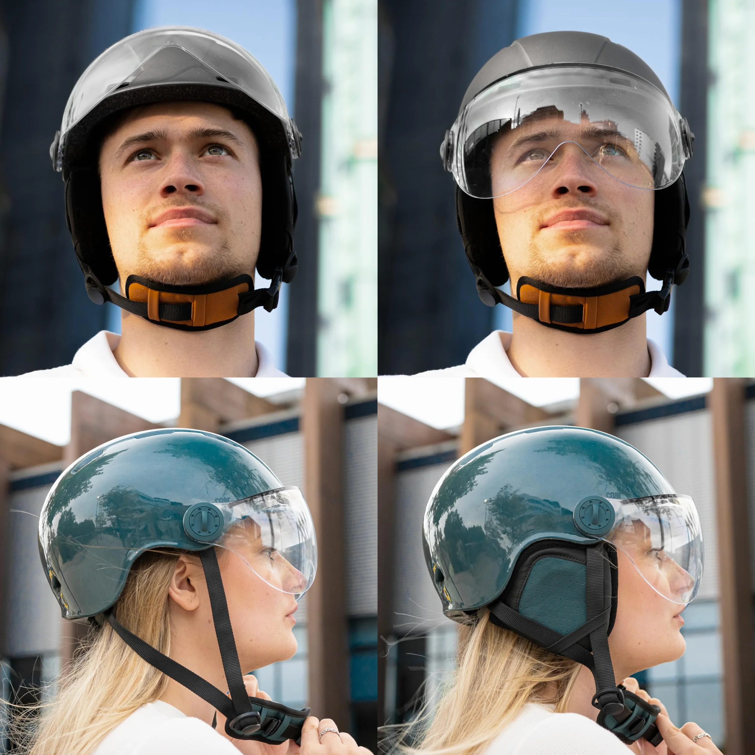 Casque Lifestyle Urbain Vélo Trottinette Electrique Visière Transparente Cache-Oreille Amovibles Vert Métallisé Taille M