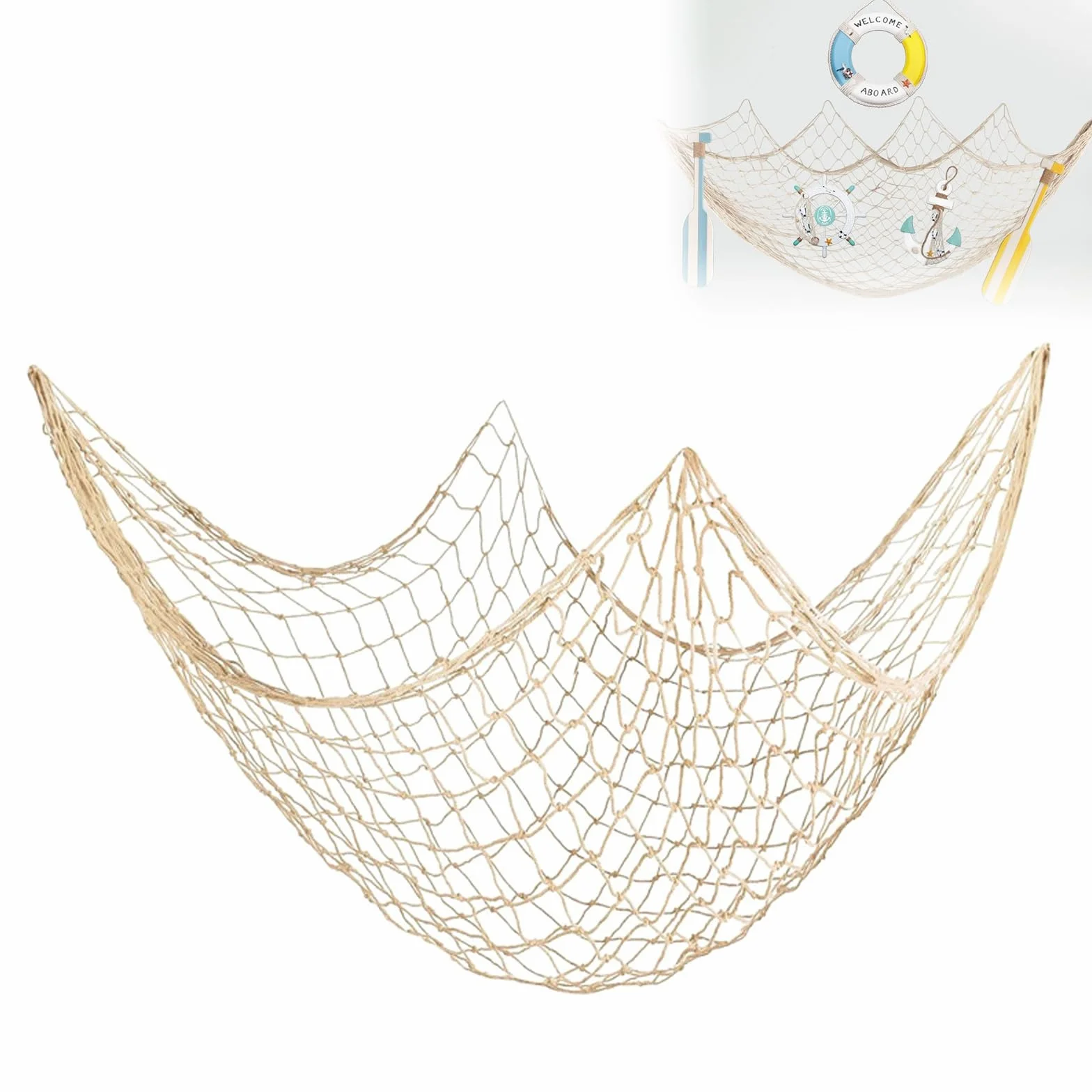 Filet de pêche décoratif 200 x 100 cm en coton naturel style méditerranéen nautique