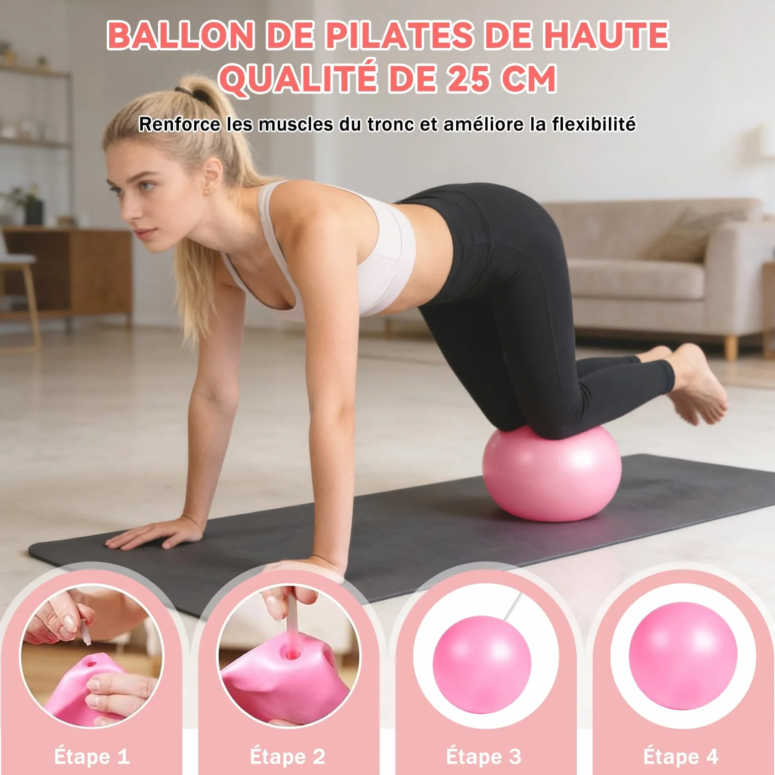 Kit Pilates Maison 13 Pièces Accessoires Fitness Femmes Anneau Balle Sangle Yoga Affiche Entraînement Sac Portable Rose