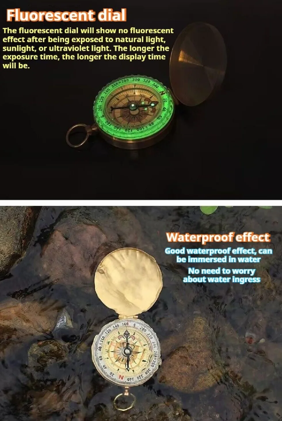 Boussole en laiton étanche avec chiffres lumineux pour l'extérieur