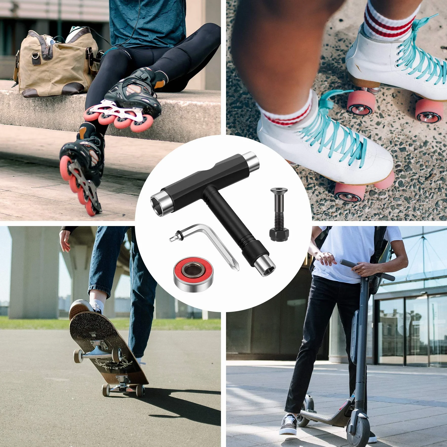 Outils de skateboard tout-en-un, 8 roulements RS608, clé Allen T, tournevis cruciforme, 10 écrous et boulons
