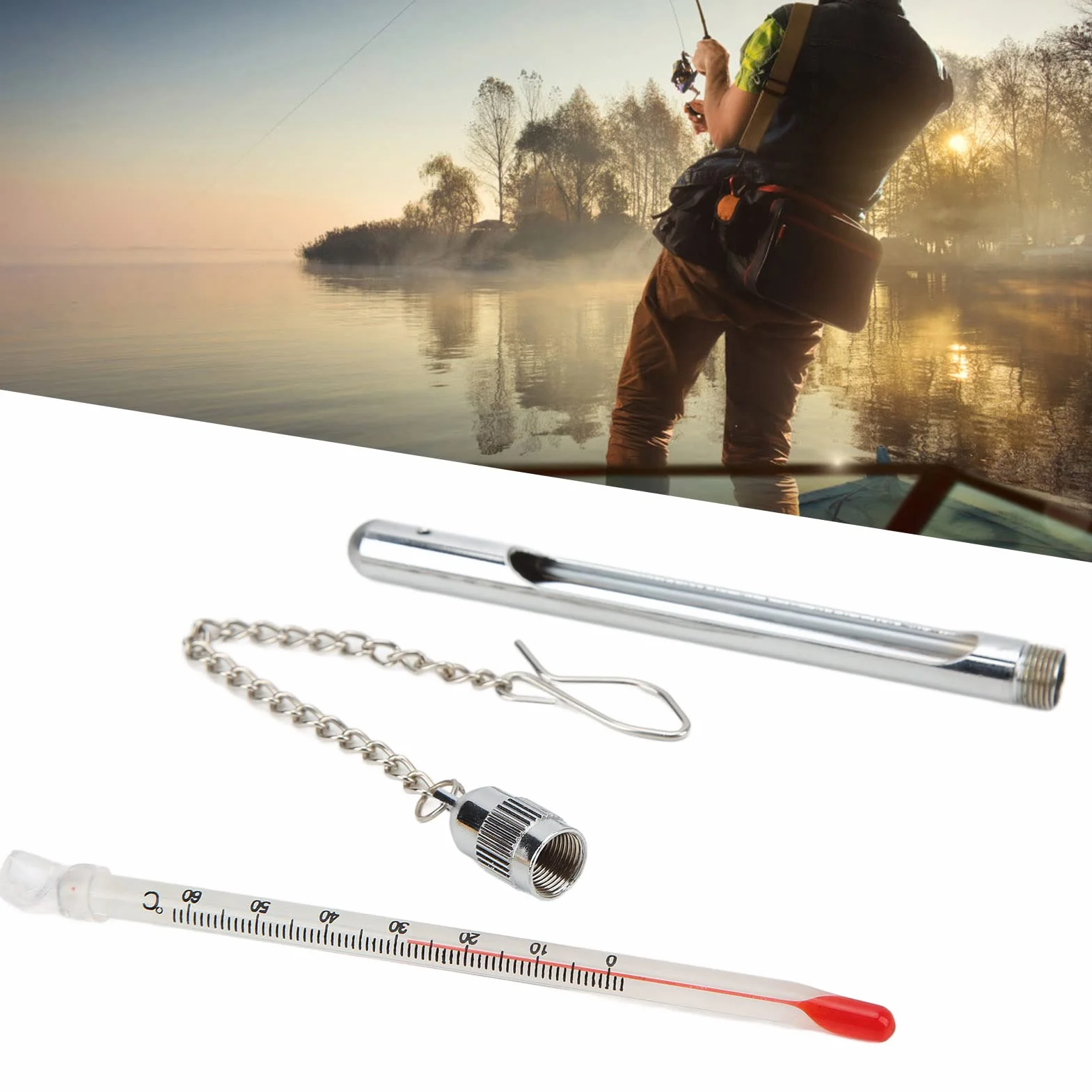 Thermomètre de pêche avec Mousqueton, mesure de température de l'eau, thermomètre en métal pour extérieur