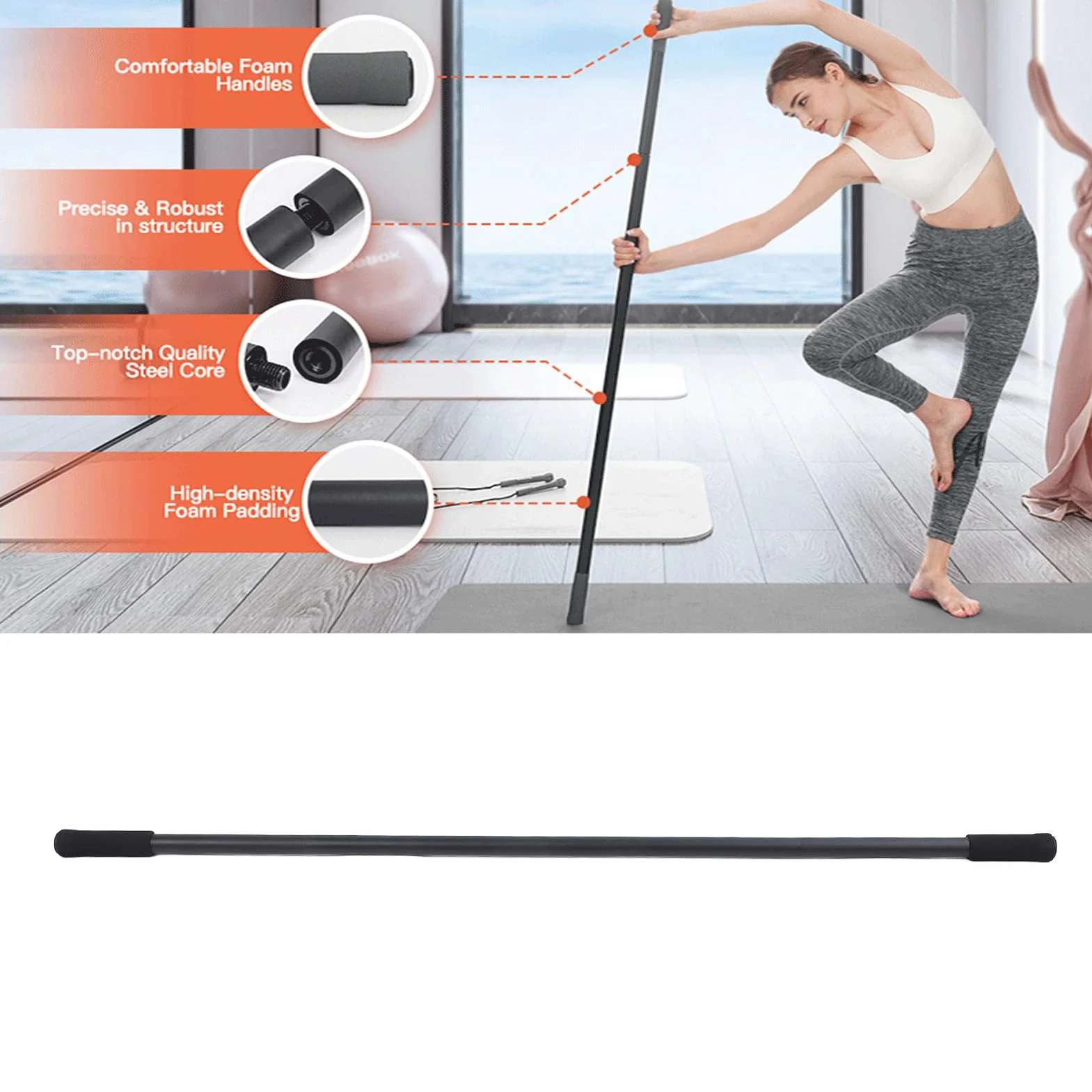 Jeu de Bâton d'étirement 4pces en Acier Yoga Stick Portable