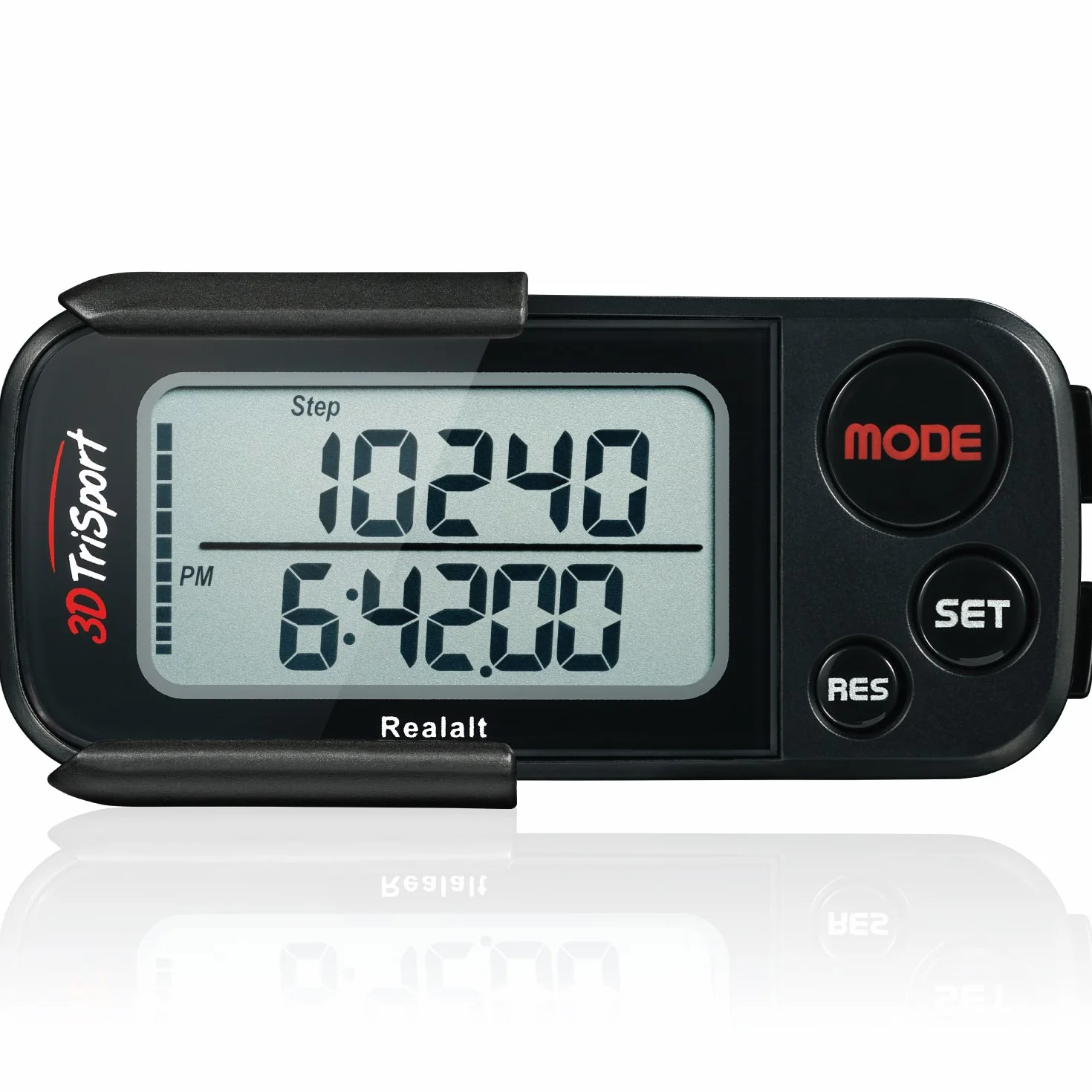 Realalt 3DTriSport Podomètre avec Clip, Mémoire 30 Jours, Compteur de Pas Précis, Distance Miles/km, Calories, Suivi Temps Exercice