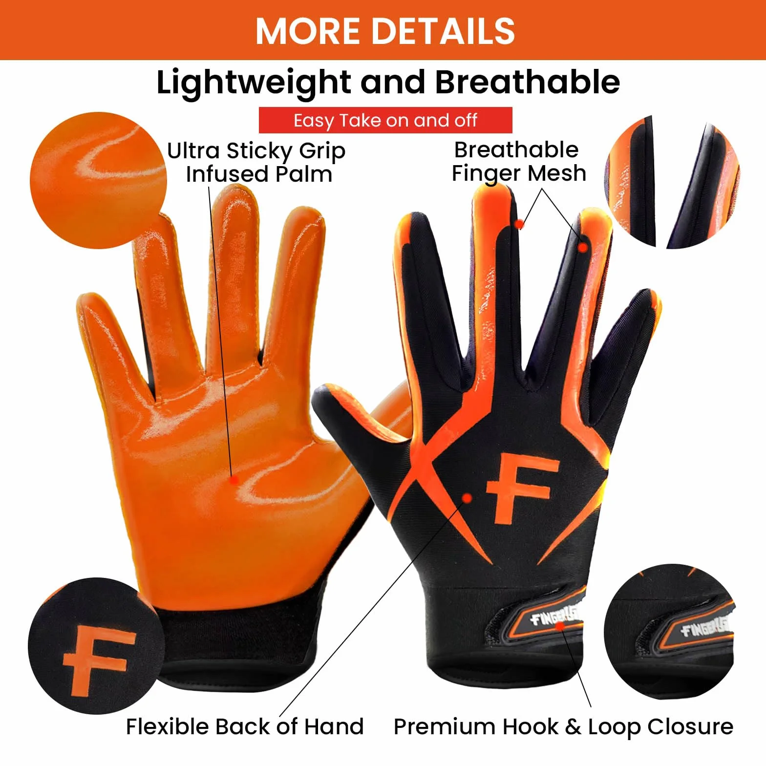Gants de football américain antidérapants pour enfants – Protection imperméable élastique souple Orange 5-14 ans