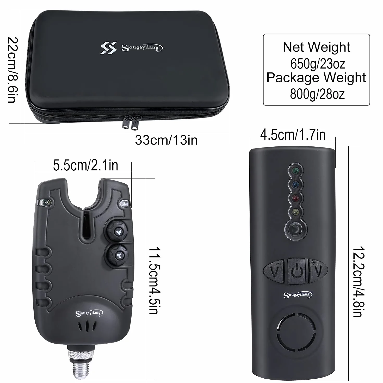 Sougayilang Ensemble d'alarme de Touche de pêche à la Carpe, 4+1 alarmes LED sans Fil avec boîte à Fermeture éclair Portable