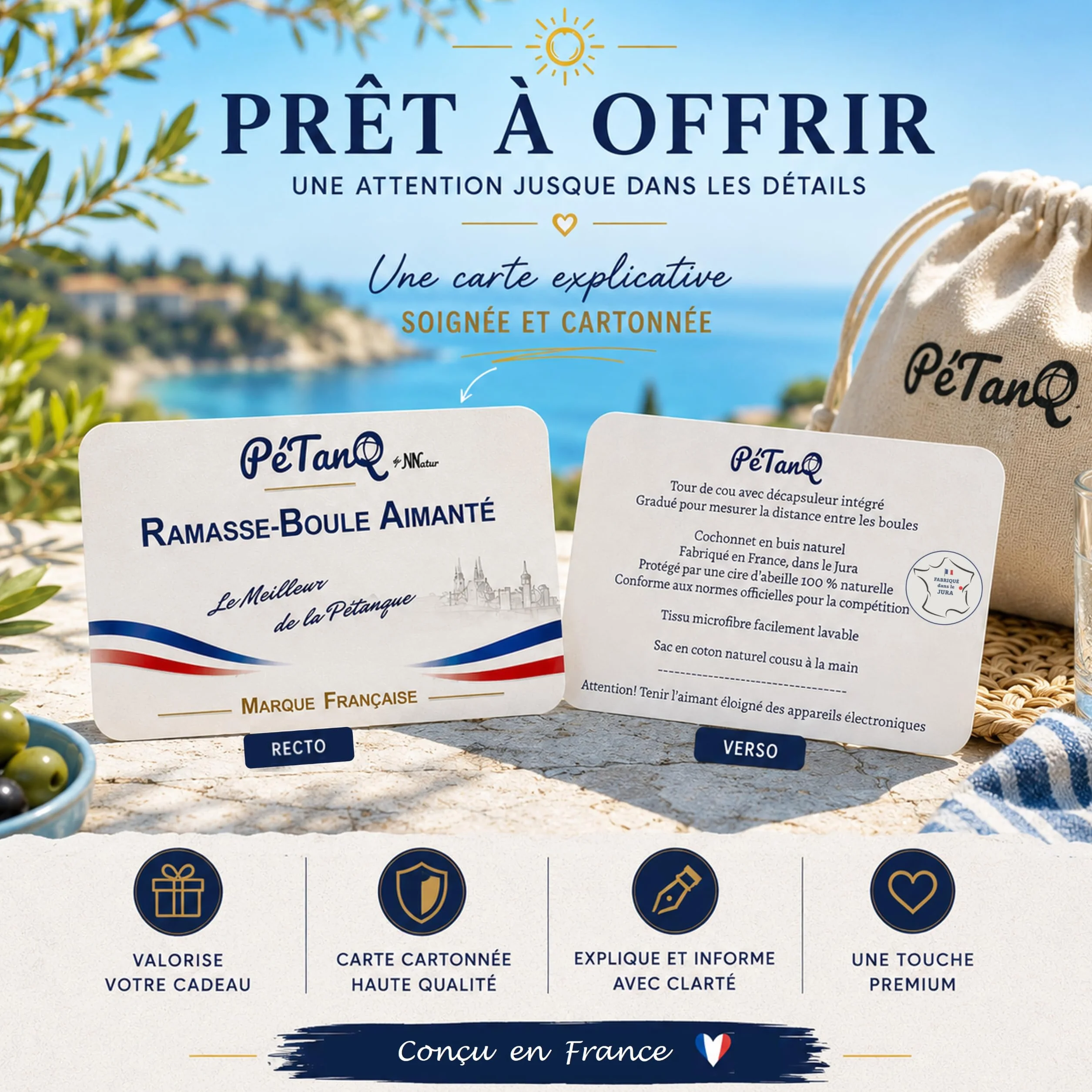 Kit Ramasse Boules de Pétanque Aimanté avec Décapsuleur & Mètre Intégré, Cochonnet Buis, Chiffon, Sac de Transport