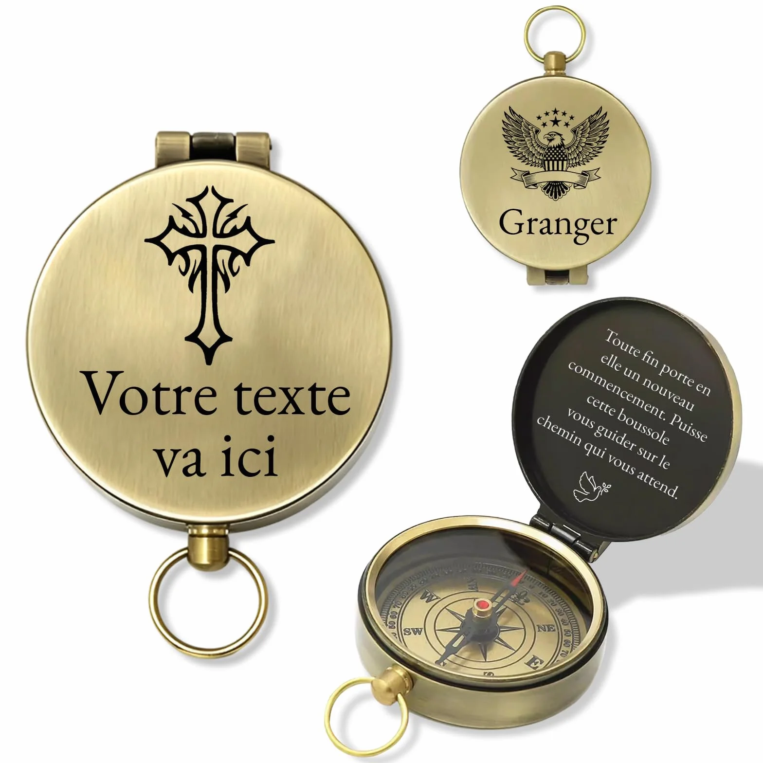 Boussole Personnalisée avec Nom Gravure Texte Icône Cadeau Homme Femme Aventurier