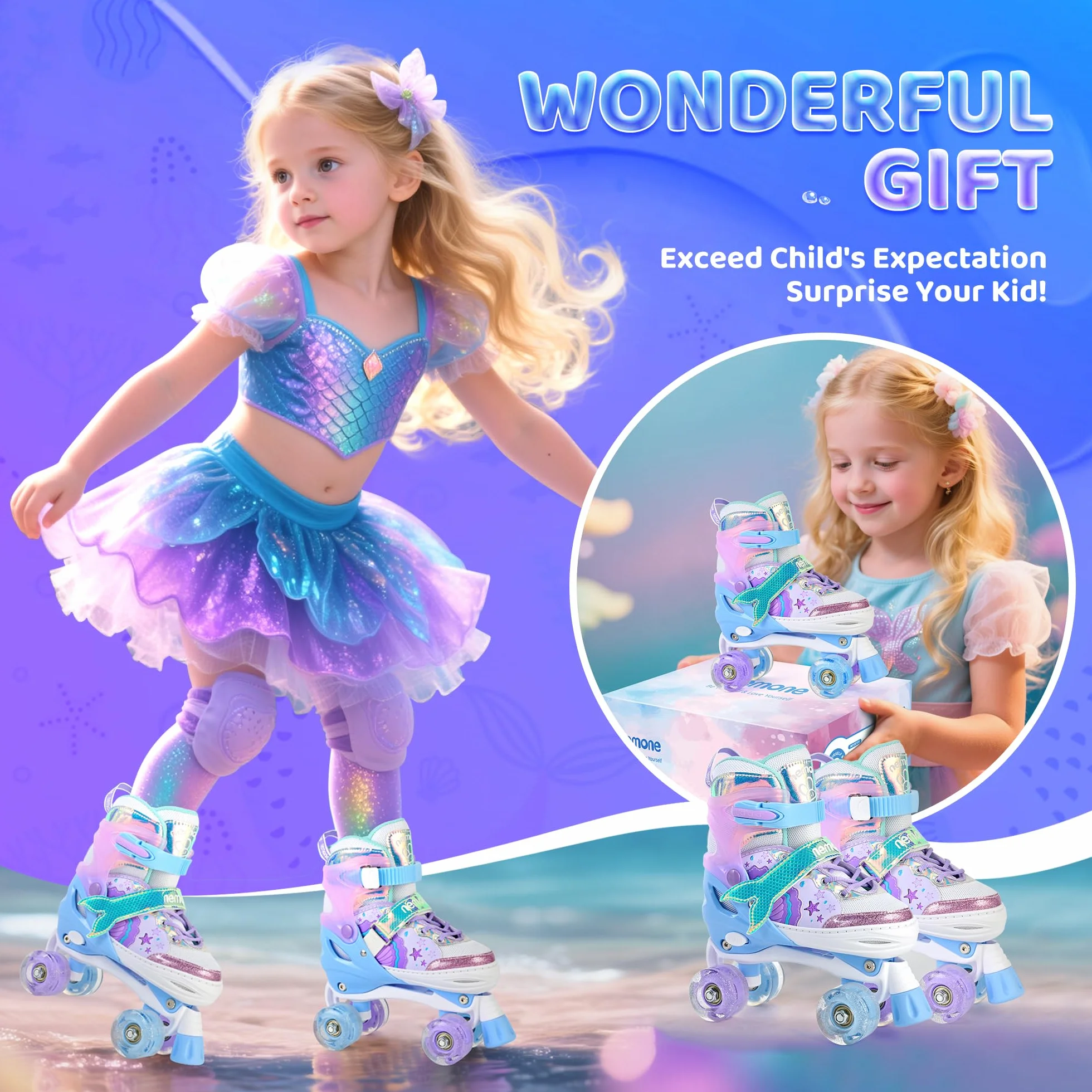 Nemone Sirènes Patins à roulettes Filles Réglable 4 Roues pour Enfants et Débutants Cadeau Noël Anniversaire