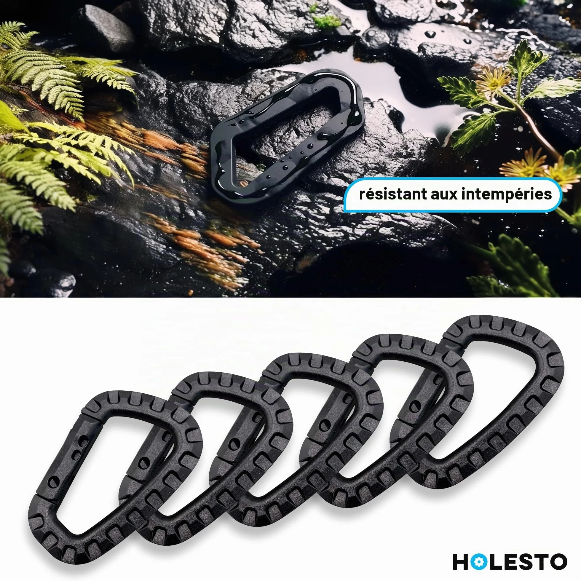 Mousquetons en Plastique Lot de 5 – Mousqueton Tactique Militaire Noir avec Fermeture à Ressort – Carabiner en Forme de D pour Sac à Dos, Camping