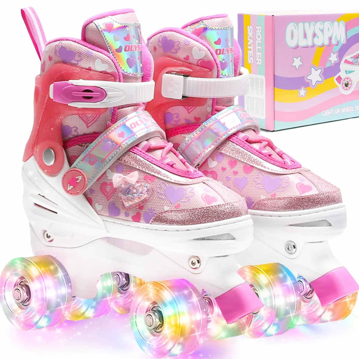 Patin à Roulettes Fille avec 8 Roues Lumineuses, 4 Tailles Réglables, Motif Cœurs