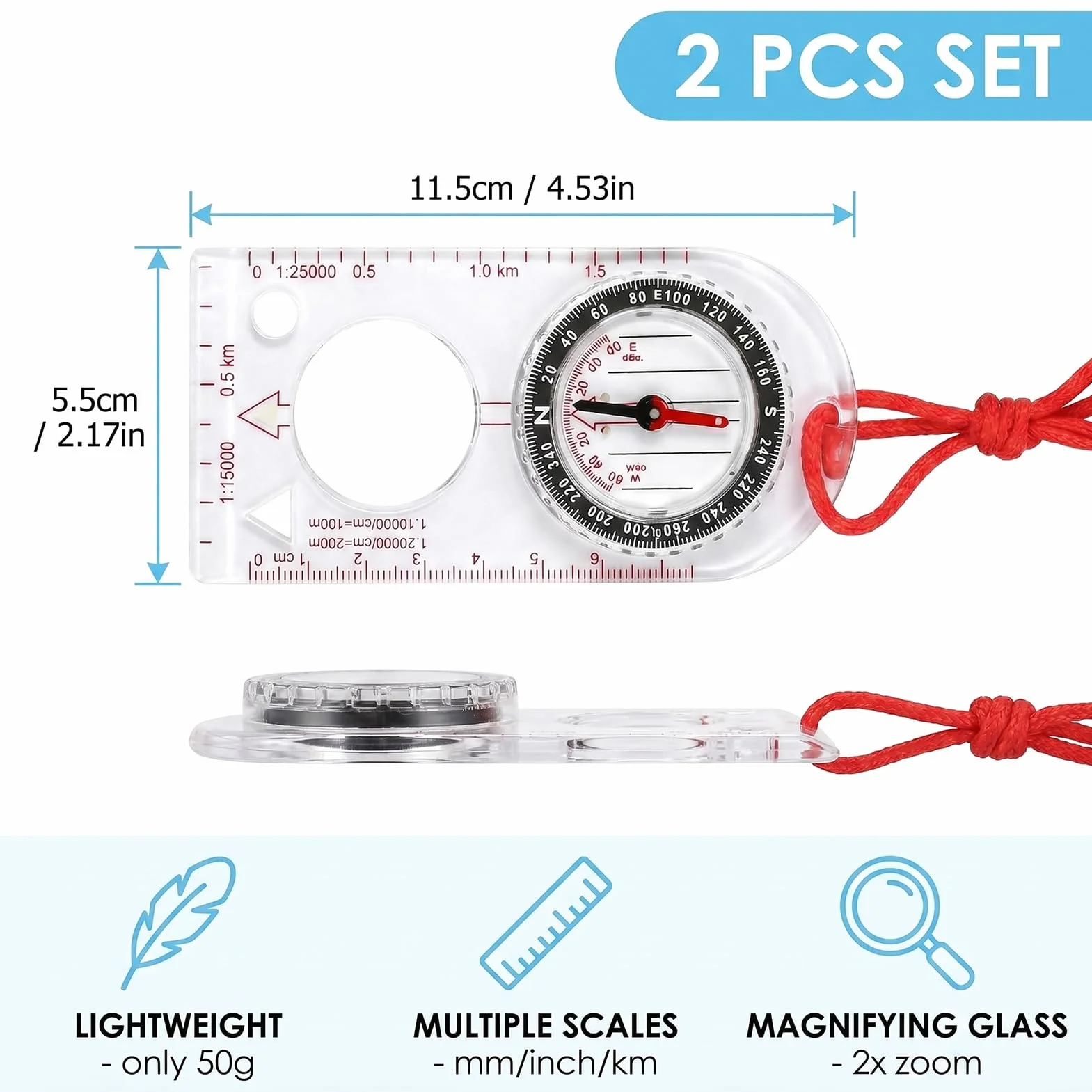 Boussole Randonnée Militaire avec Déclinaison Réglable, Navigation Transparente d'Orientation pour Camping Plein Air