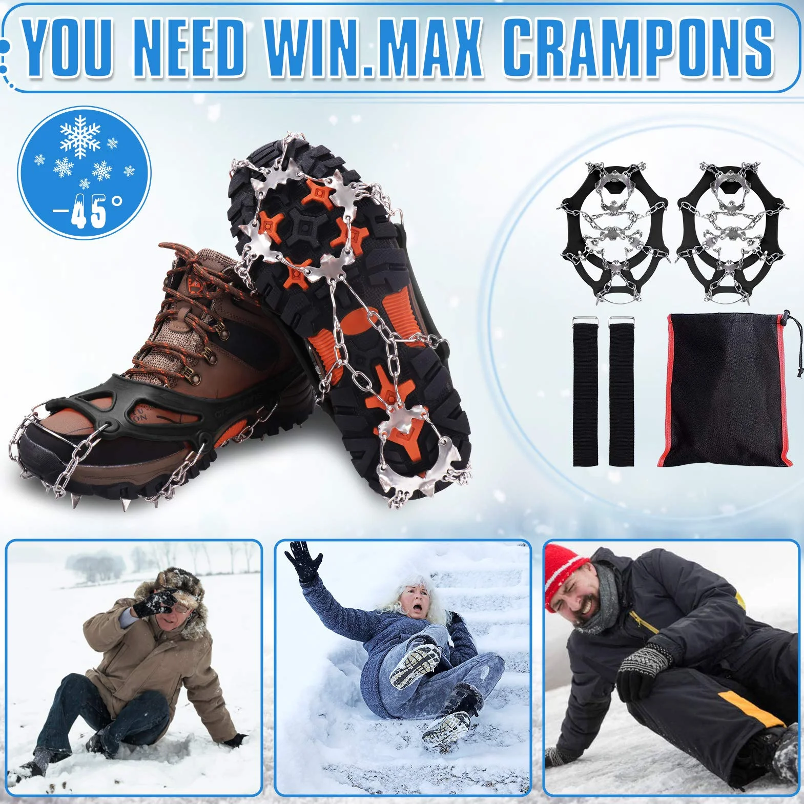 WIN.MAX Crampon Antidérapent Crampons Neige Glace 19 Dents Acier sans Soudure Protection Randonnées Chasse