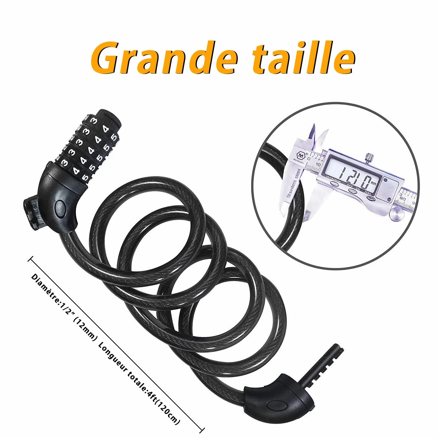 Antivol Velo REHKITTZ 120 cm 12 mm Code Numerique 5 Chiffres Support Vélo