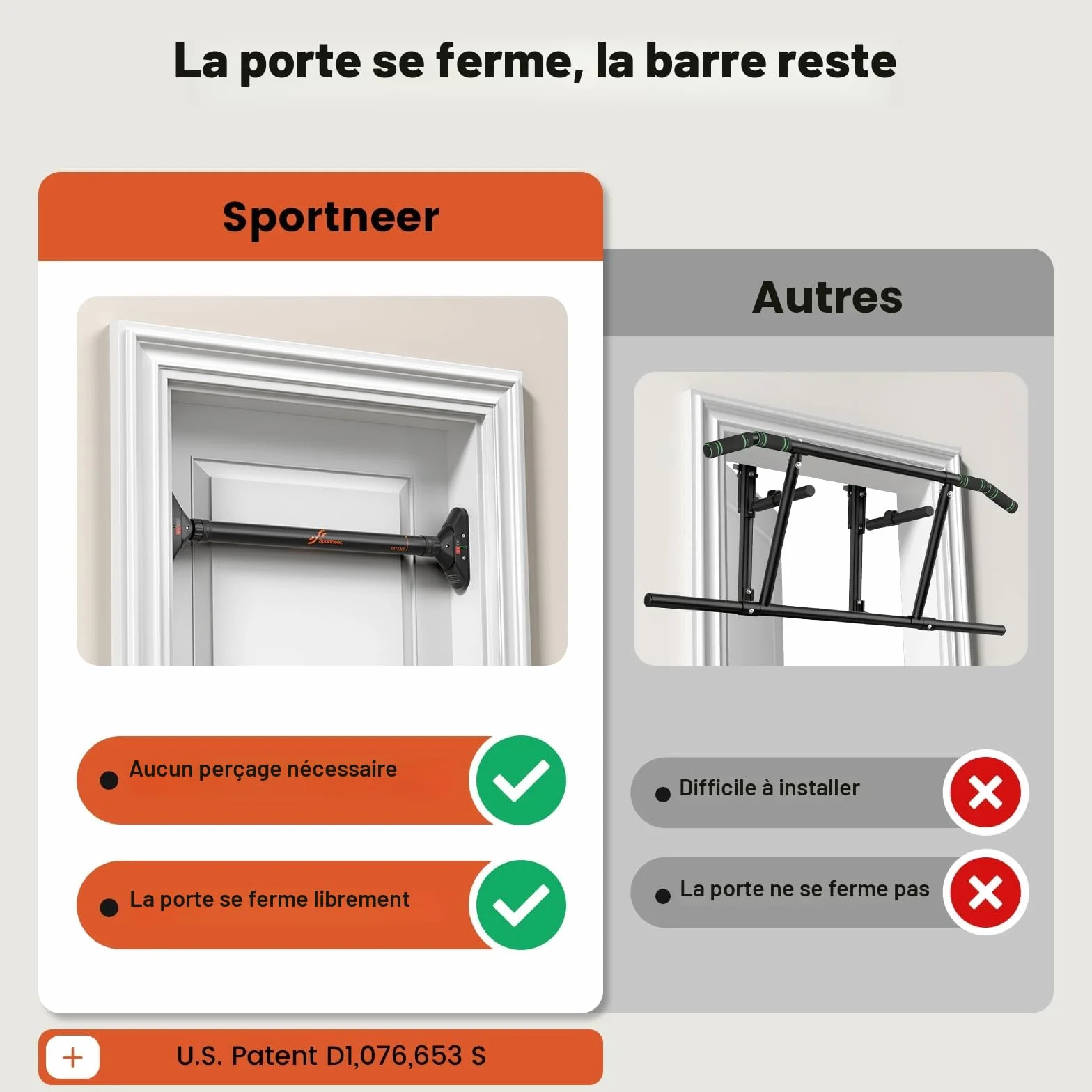 Sportneer Barre de Traction pour Porte sans vis réglable 75-94 cm 200 kg