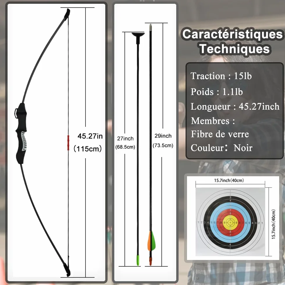 Arc et flèche pour Adolescents Ensemble de tir à l'arc 15lbs/13lbs Entraînement Cour Extérieur