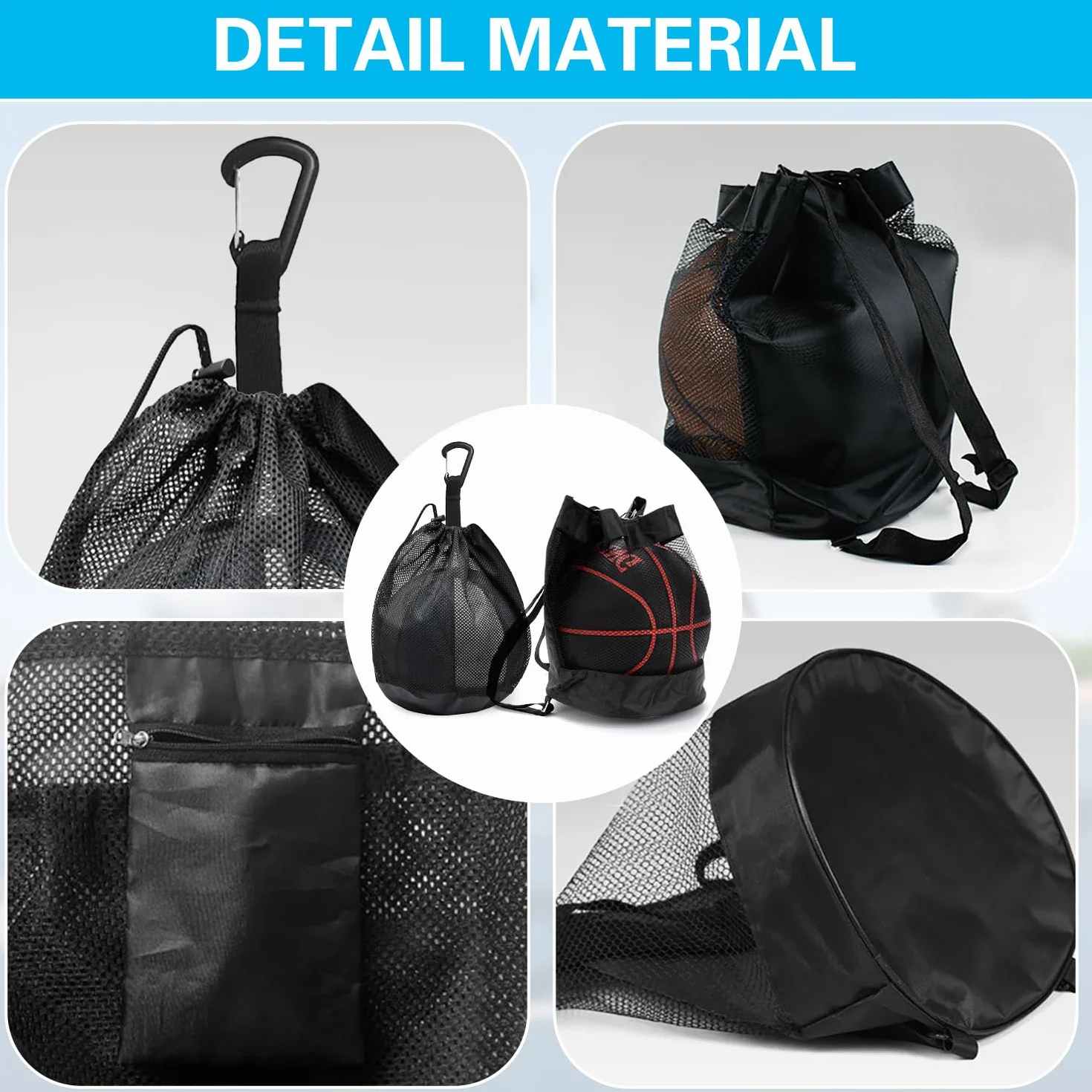 Sacs à Balles de Basket en Maille Oxford, Filet Pliable avec Poche Zippée pour Basketball, Football, Volley